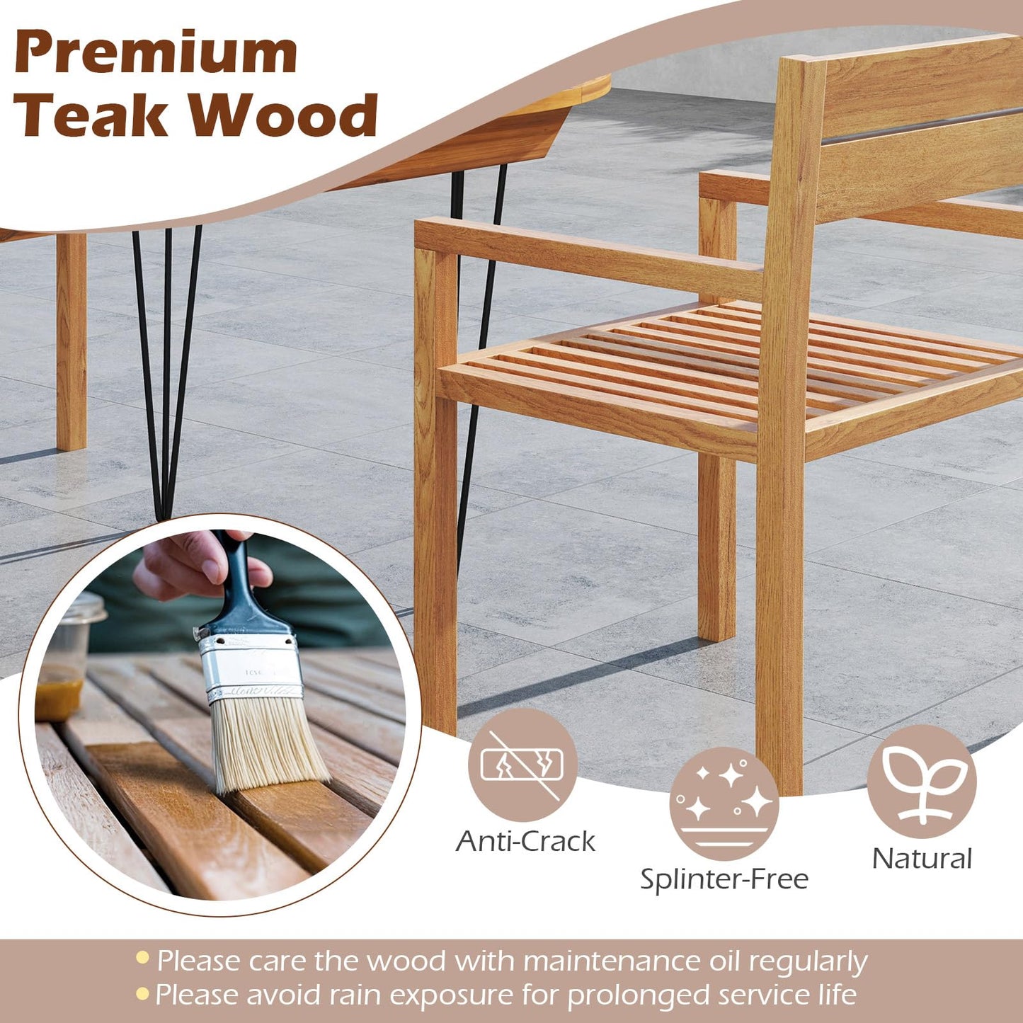 Tangkula Outdoor Teak Wood Chair Patio Dining Armchair w/Slatted Seat & Backrest
