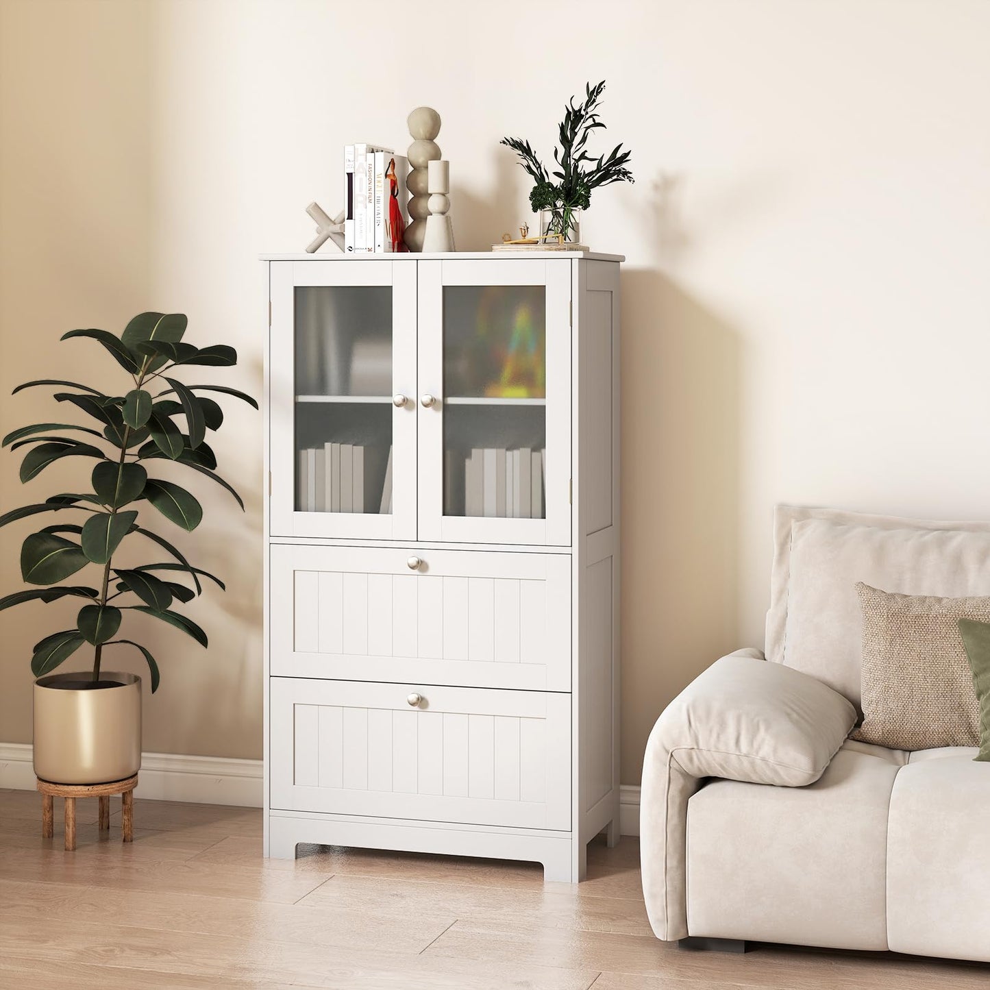 Tangkula Bathroom Floor Storage Cabinet with 2 Drawers & 2 Frosted Glass Doors