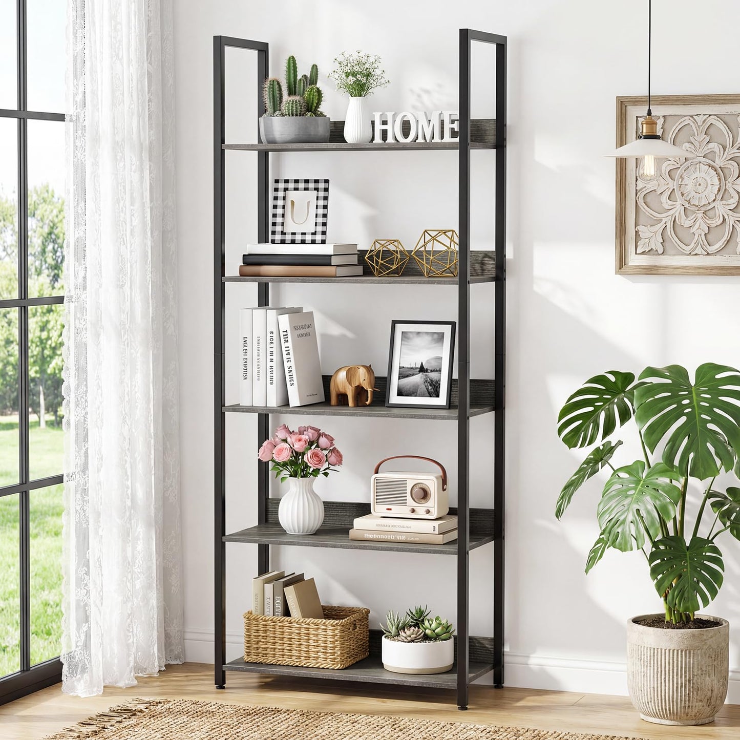 Tangkula 61”H Open Bookcase with Metal Frame