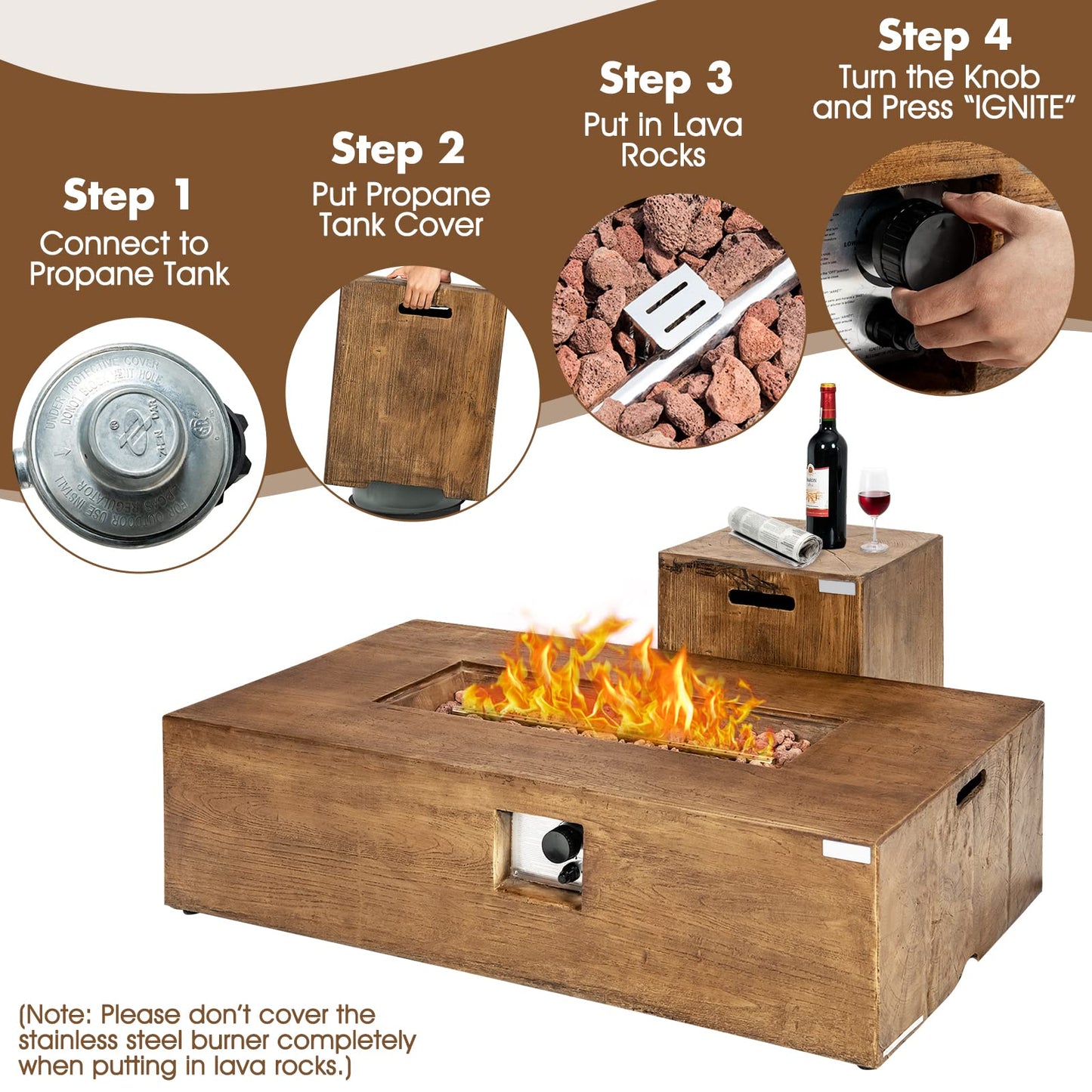 Tangkula 2 Pieces Outdoor Propane Fire Pit Table Set, Patiojoy 48 Inch Rustic 50,000 BTU Rectangular Gas Fire Pit Table