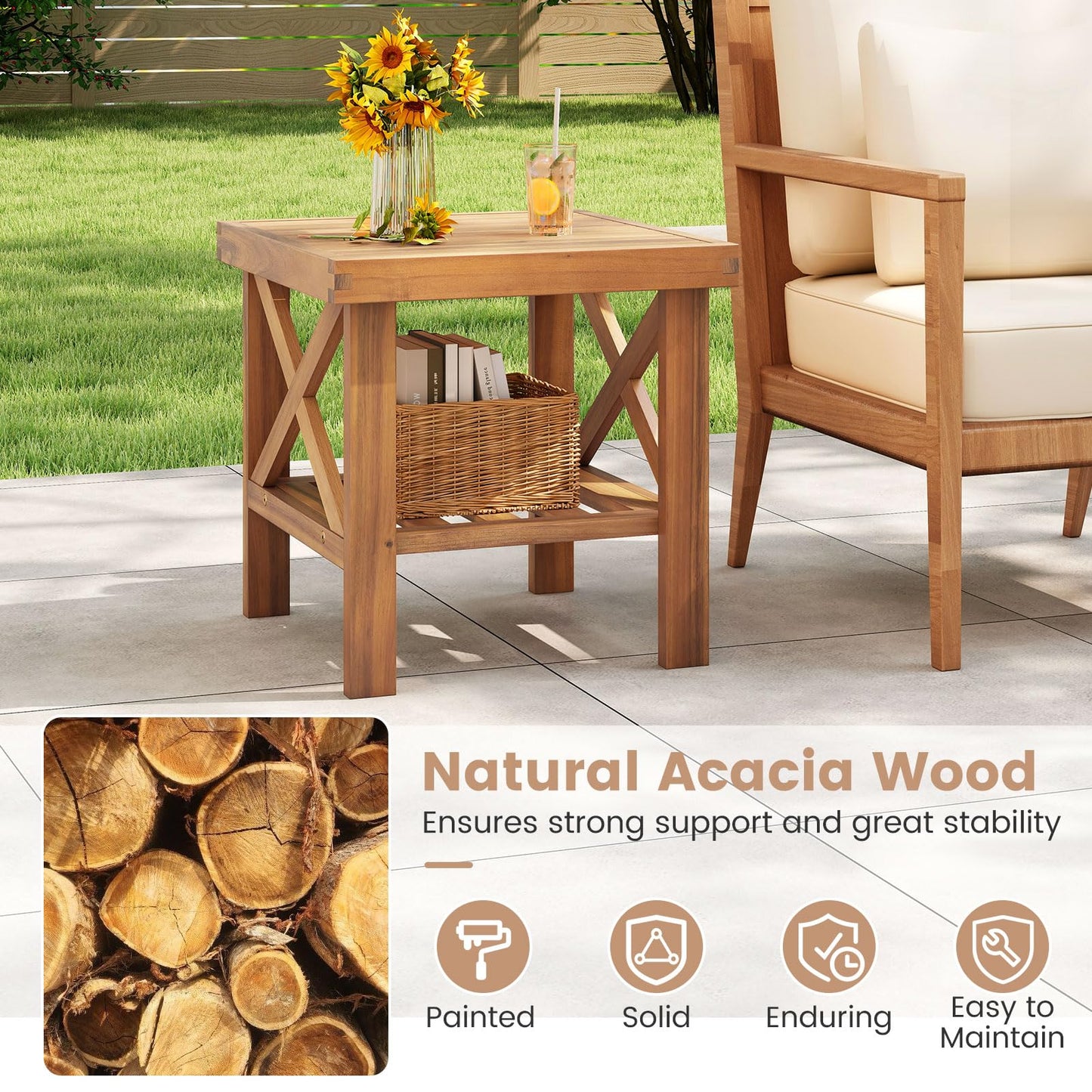 Tangkula Outdoor Side Table with Storage Shelf for Small Space