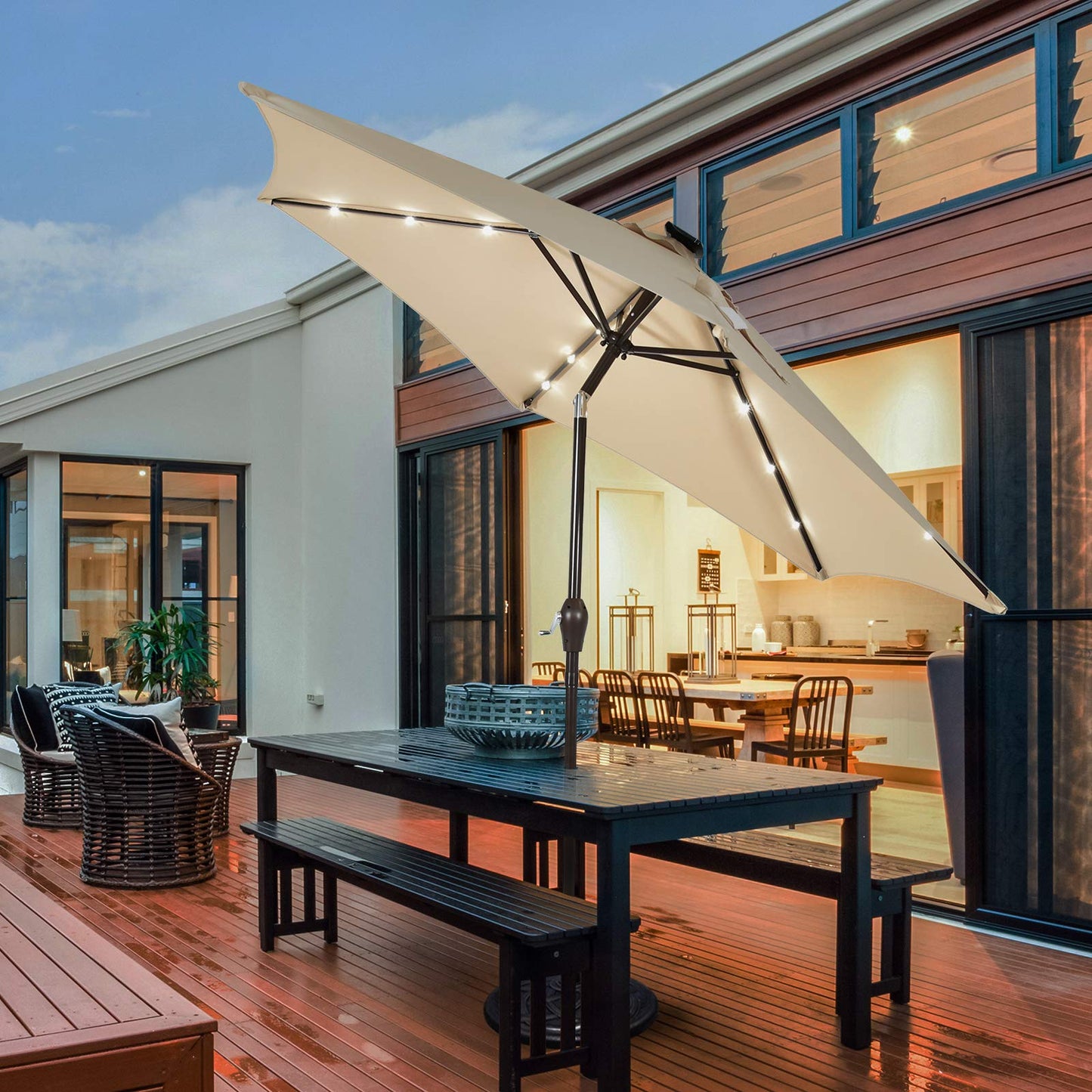 9FT Solar Powered LED Lighted Patio Umbrella, Table Market Umbrella with Tilt and Crank