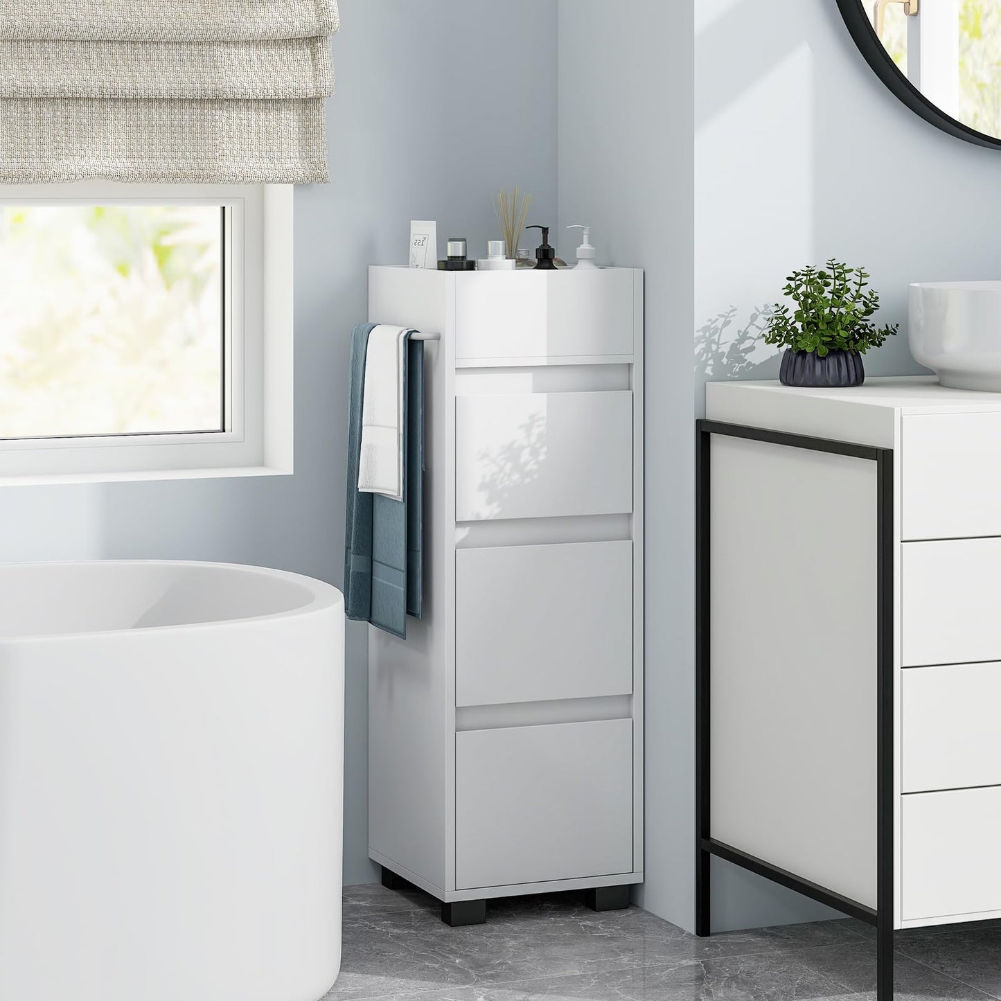 Tangkula Square Bathroom Floor Cabinet, Freestanding Storage Cabinet with 3 Drawerss, 12 x 12 x 35.5 Inch (White, 35.5" H)