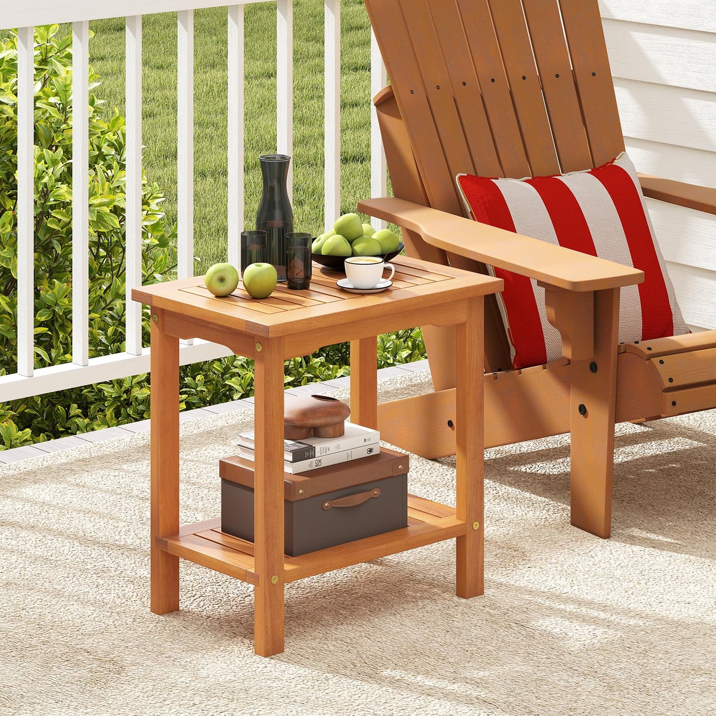 Tangkula Table d'appoint d'extérieur, table de patio à 2 niveaux avec plateau à lattes et étagère de rangement