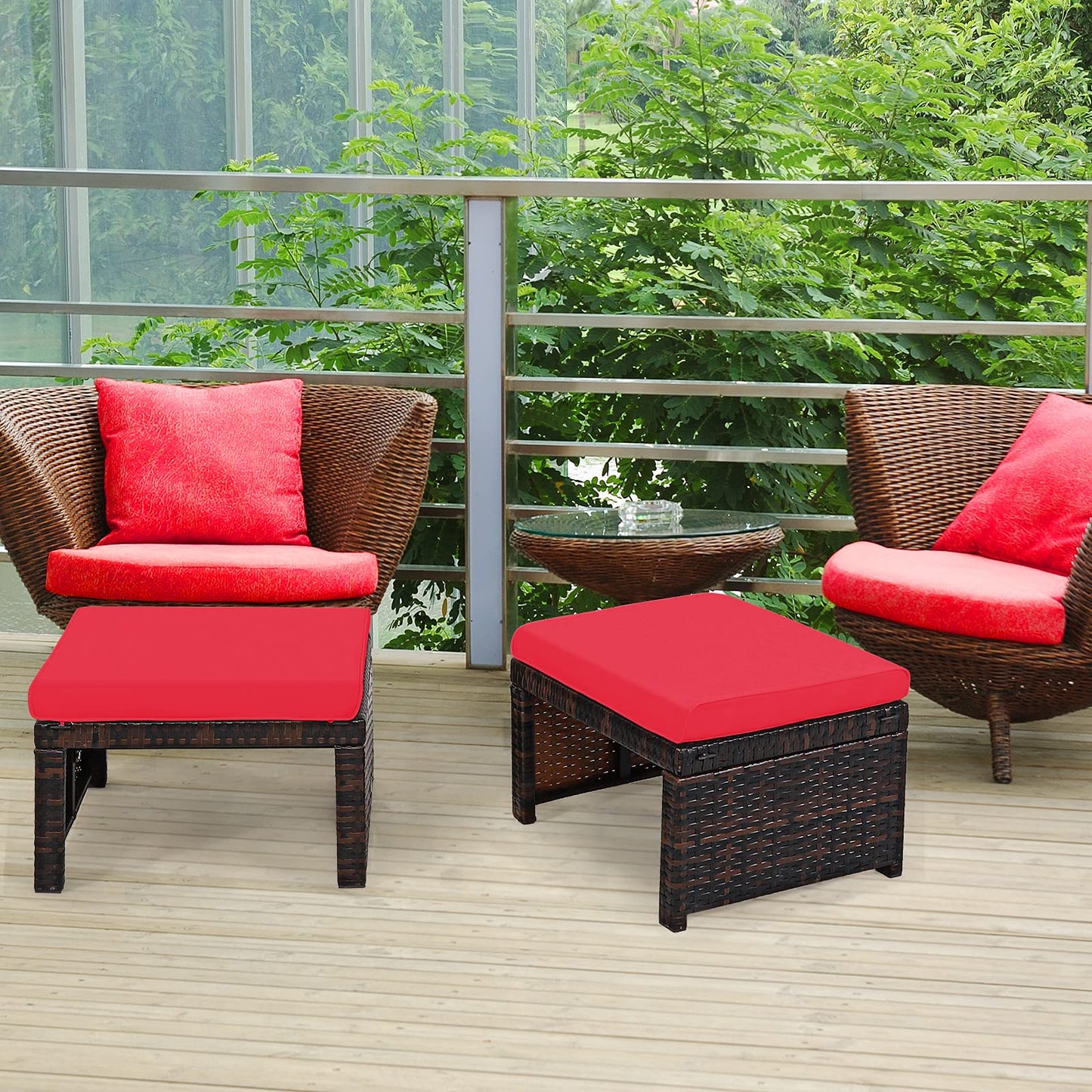 2 Pieces Patio Rattan Ottomans, All Weather Outdoor Footstool Footrest Seat