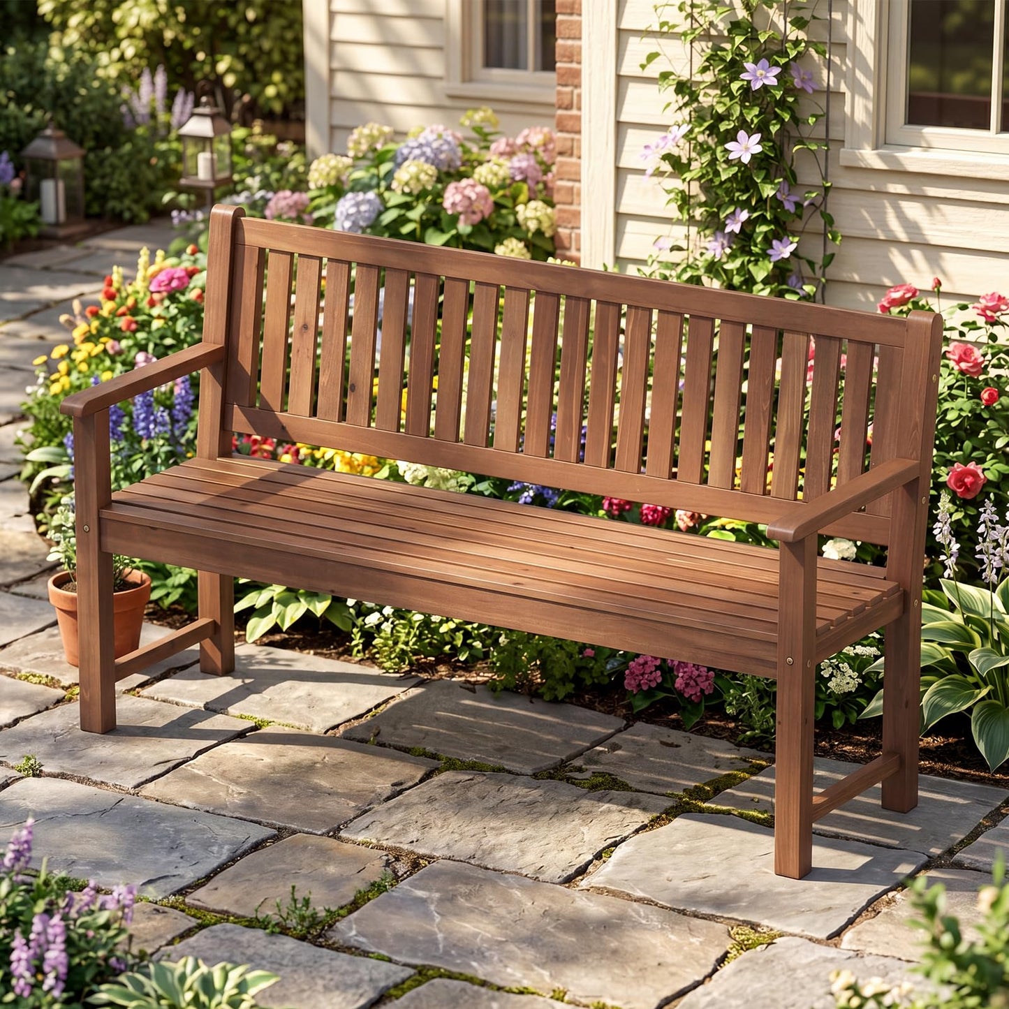 Tangkula 3-Seater Outdoor Wooden Bench | 59" Large Garden Bench with Backrest & Armrests