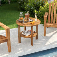 Tangkula Table d'appoint ronde d'extérieur, bois de teck, table d'appoint de patio de 49,5 cm avec étagère de rangement à lattes