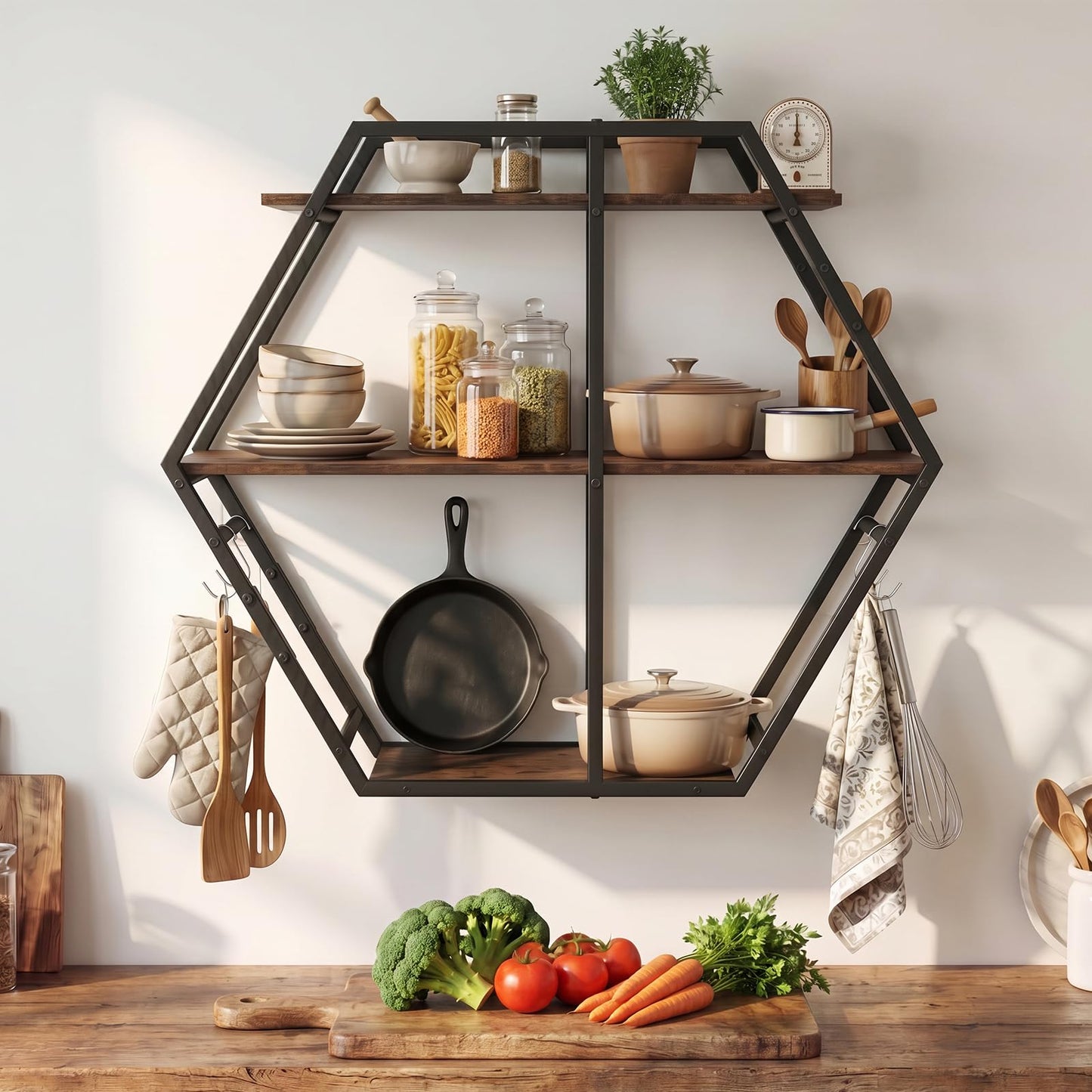 Tangkula 3-Tier Geometric Bookcase with 4 S-Shaped Hooks & Heavy Duty Metal Frame