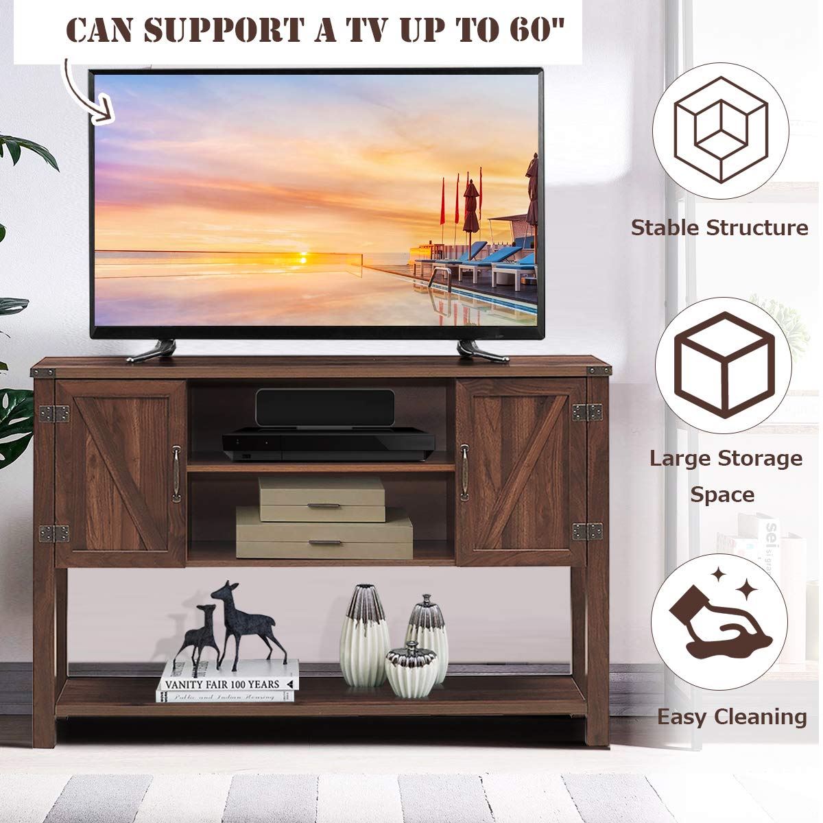 Tangkula TV Stand up to 60 Inches TVs with 2 Side Door Cabinets