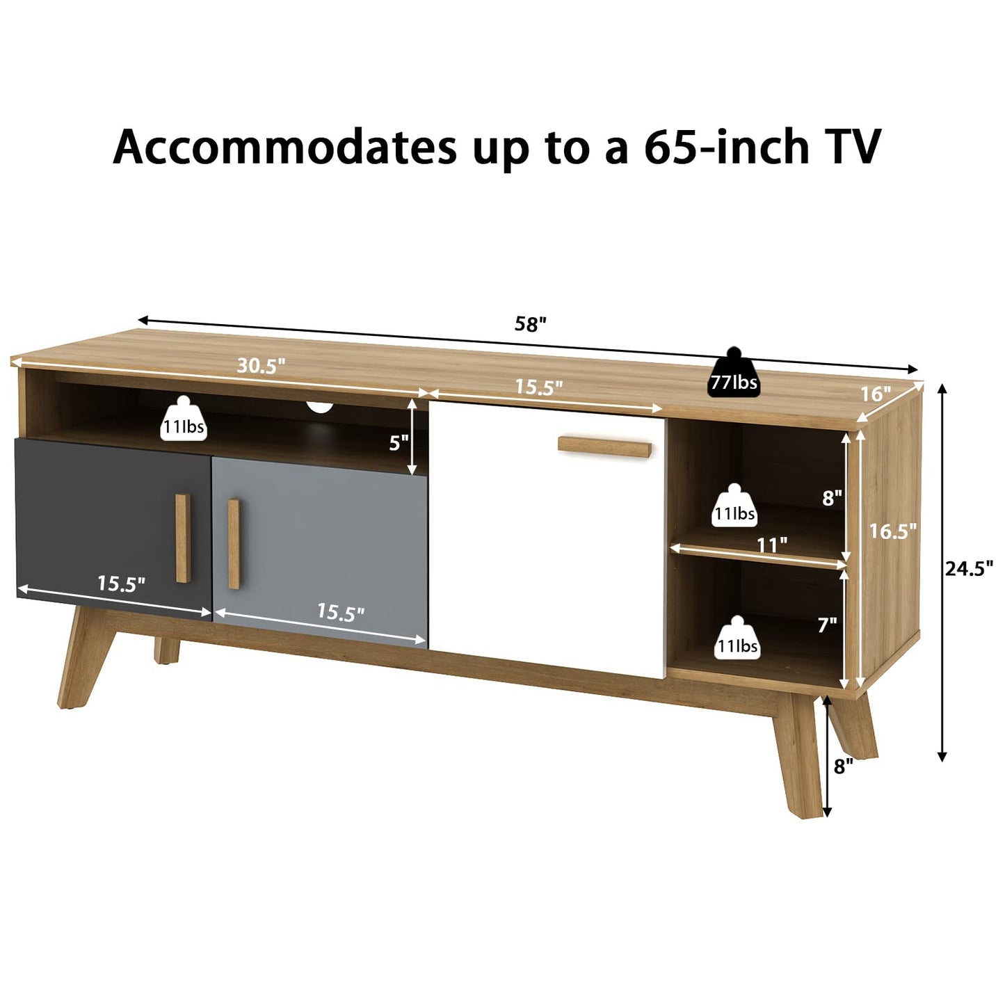 Tangkula Modern TV Stand, Wood TV Console Table for TVs up to 65 Inch, Entertainment Center with 3 Storage Cabinets (Natural)