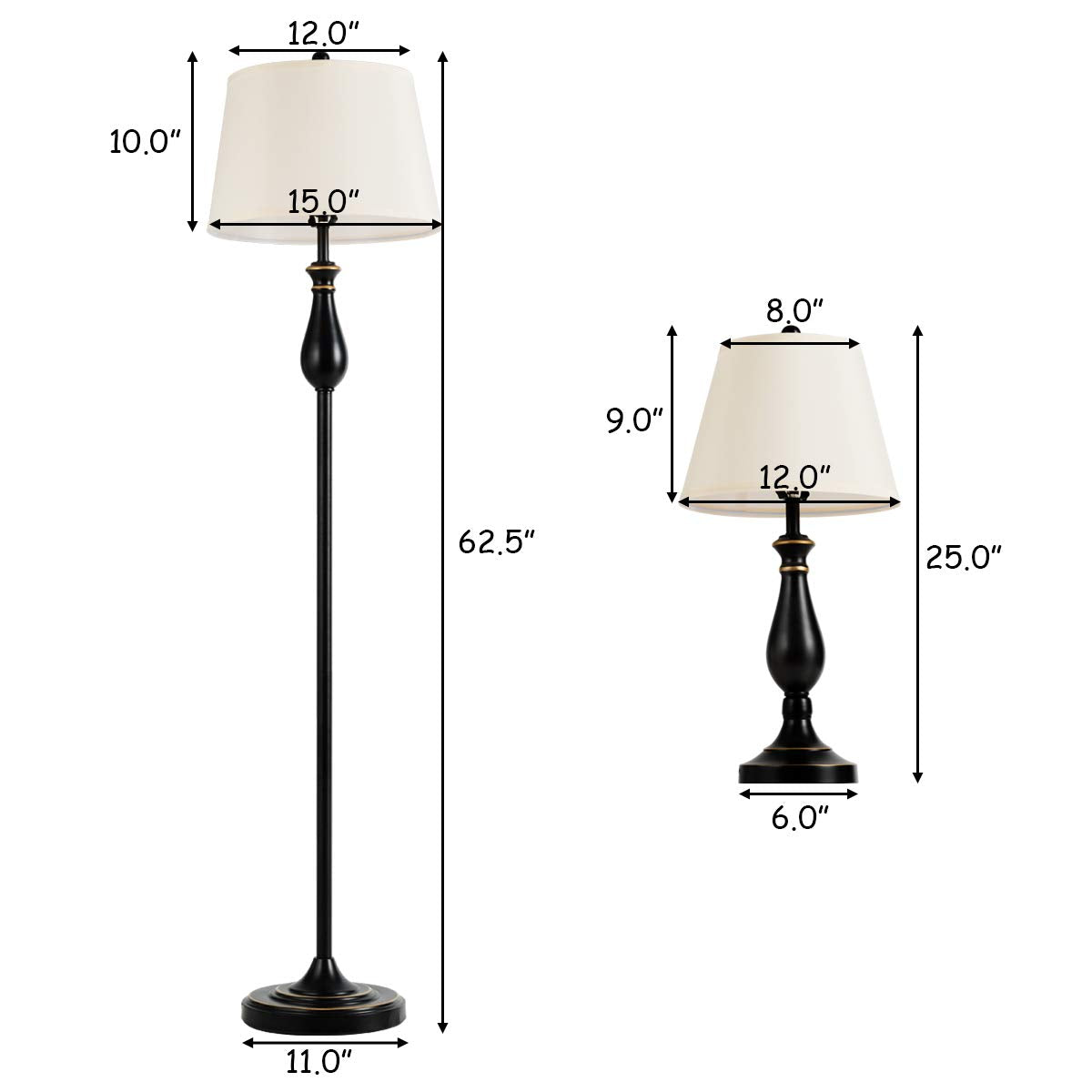 Tangkula 3 Piece Vintage Style Metal Table and Floor Lamp Set