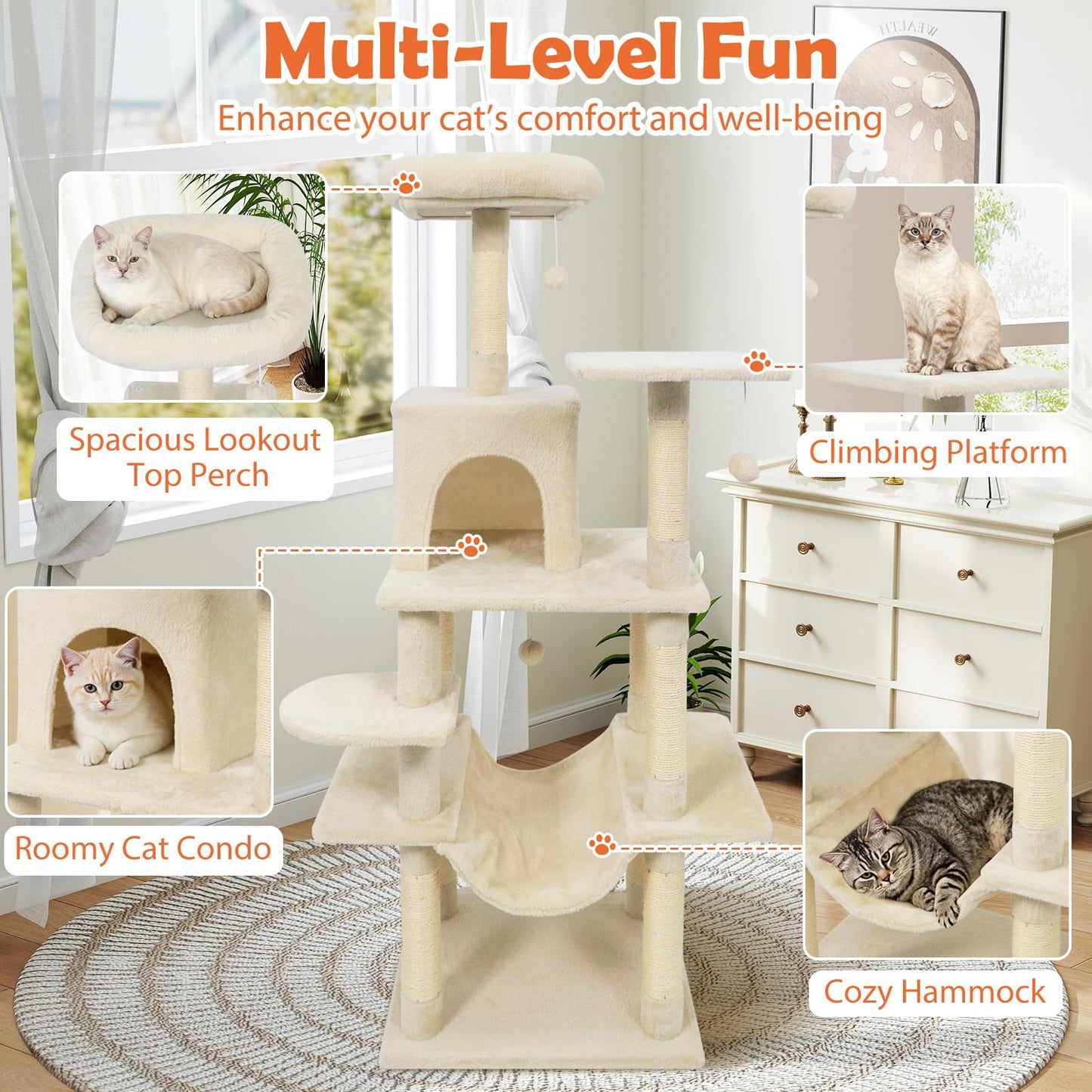 Arbre à chat multi-niveaux Tangkula de 147 cm avec poteaux à griffer en sisal pour chats d'intérieur