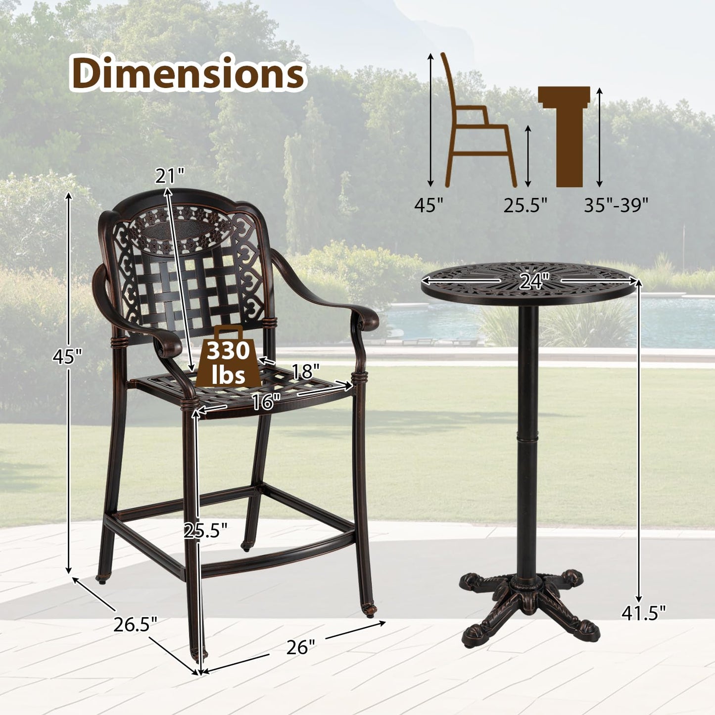 Tangkula 3 Piece Patio Bar Set, Outdoor Cast Aluminum Round High Top Table & 2 Counter Height Bar Stools