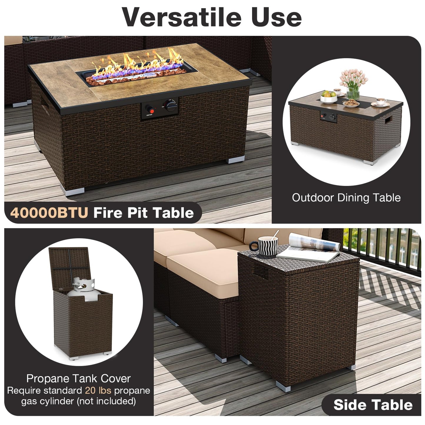 Tangkula 12 Pieces Patio Wicker Sectional Sofa Set with 40,000 BTU Propane Fire Pit Table