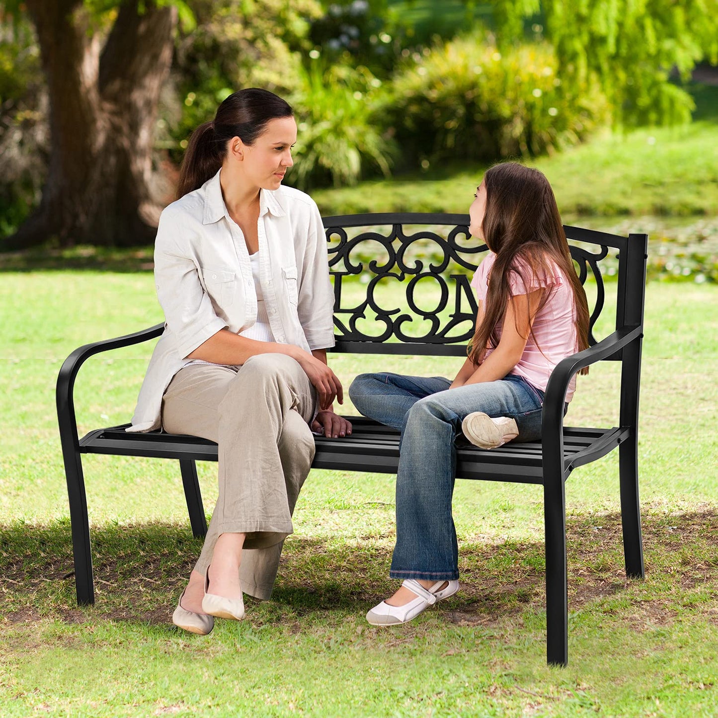 Outdoor Steel Garden Bench Park Bench, 50 Inch Patio Welcome Bench with Slated Seat & Floral Design Backrest