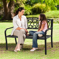 Outdoor Steel Garden Bench Park Bench, 50 Inch Patio Welcome Bench with Slated Seat & Floral Design Backrest