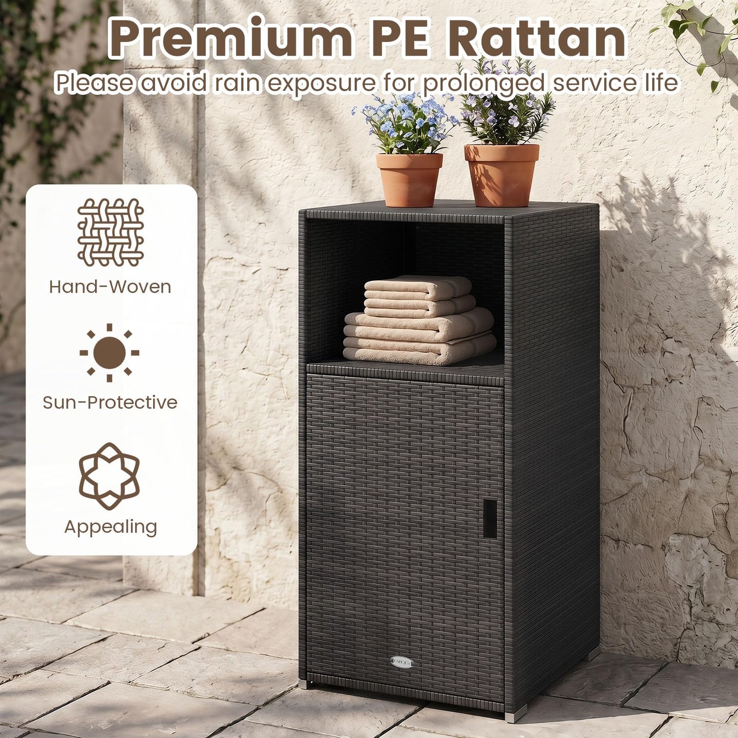 Tangkula Rattan Outdoor Storage Cabinet with 3 Storage Shelves