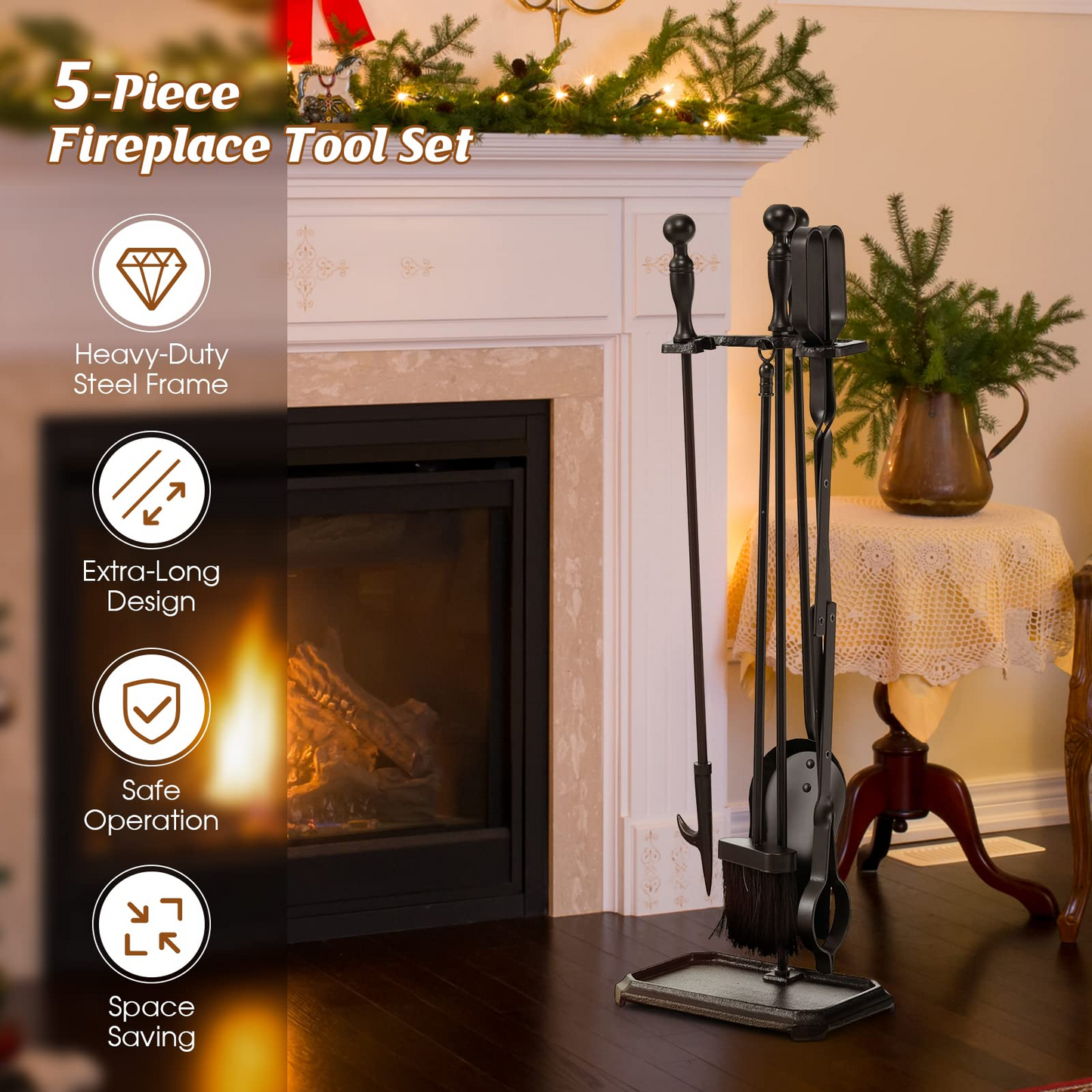 Tangkula 5-Piece Fireplace Tool Set, Heavy Duty Fire Wood Tool Set with Tong, Brush, Shovel, Poker, Stand
