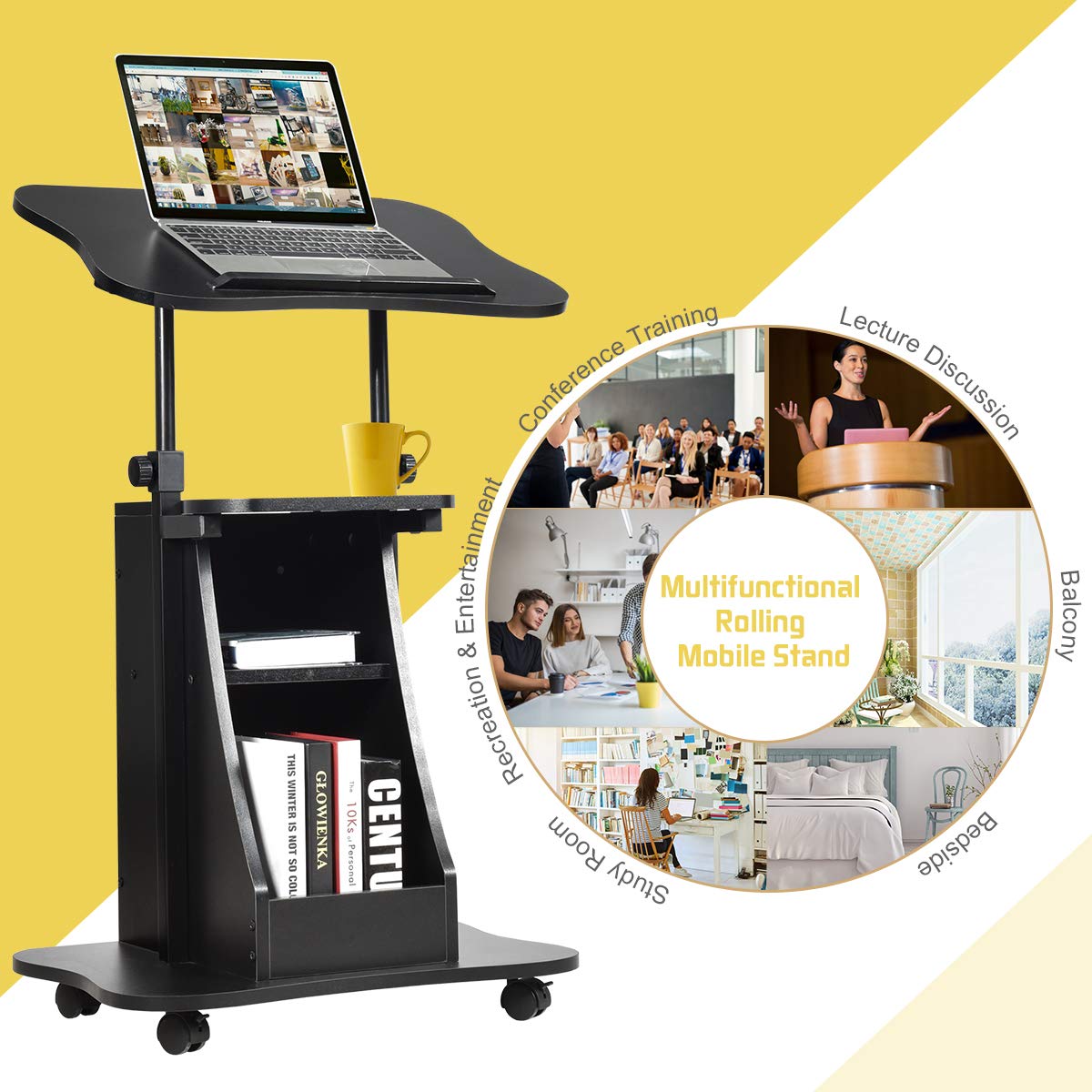 Tangkula Mobile Laptop Podium with Swivel Top Movable Wheels & Storage