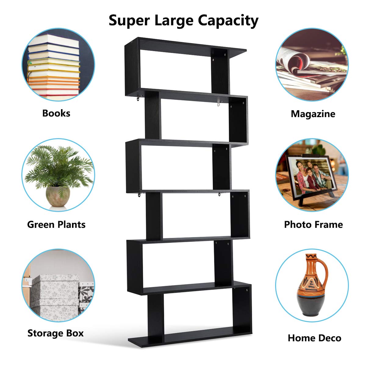 6 Shelf Bookcase, Modern S-Shaped Z-Shelf Style Bookshelf