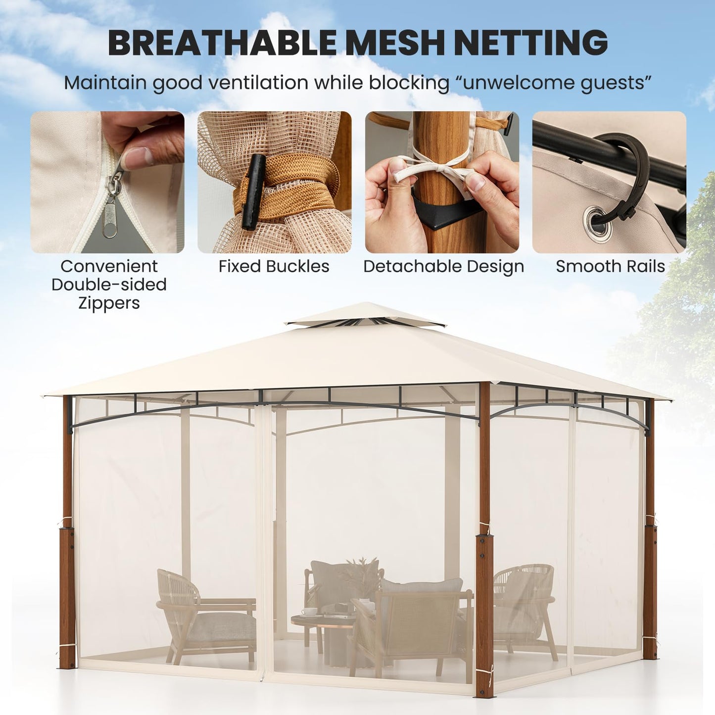 Tangkula 10x12 Ft Gazebo with Netting, 2-Tier Patio Gazebo with Heavy Duty Metal Frame