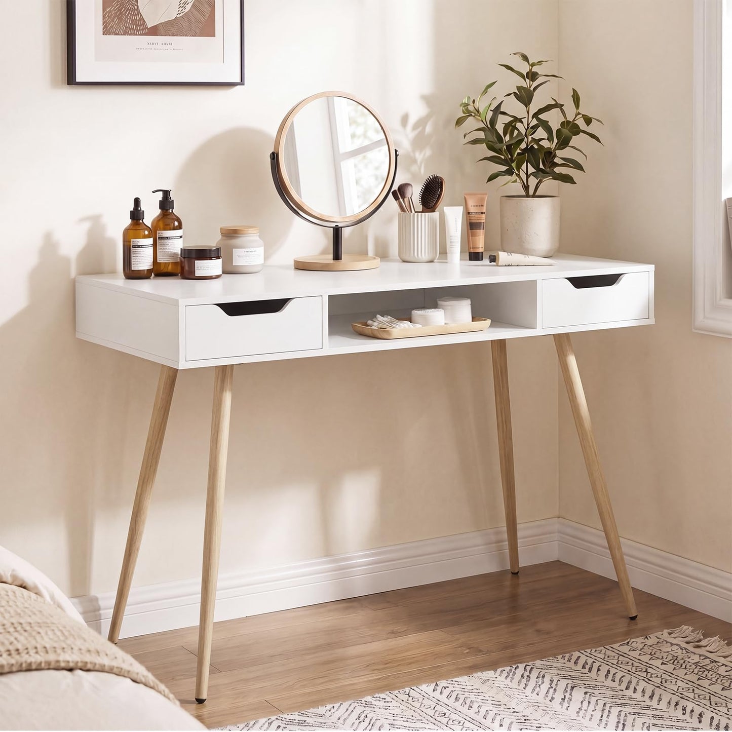 Tangkula Mid Century Modern Computer Desk with 2 Drawers & Open Center Storage