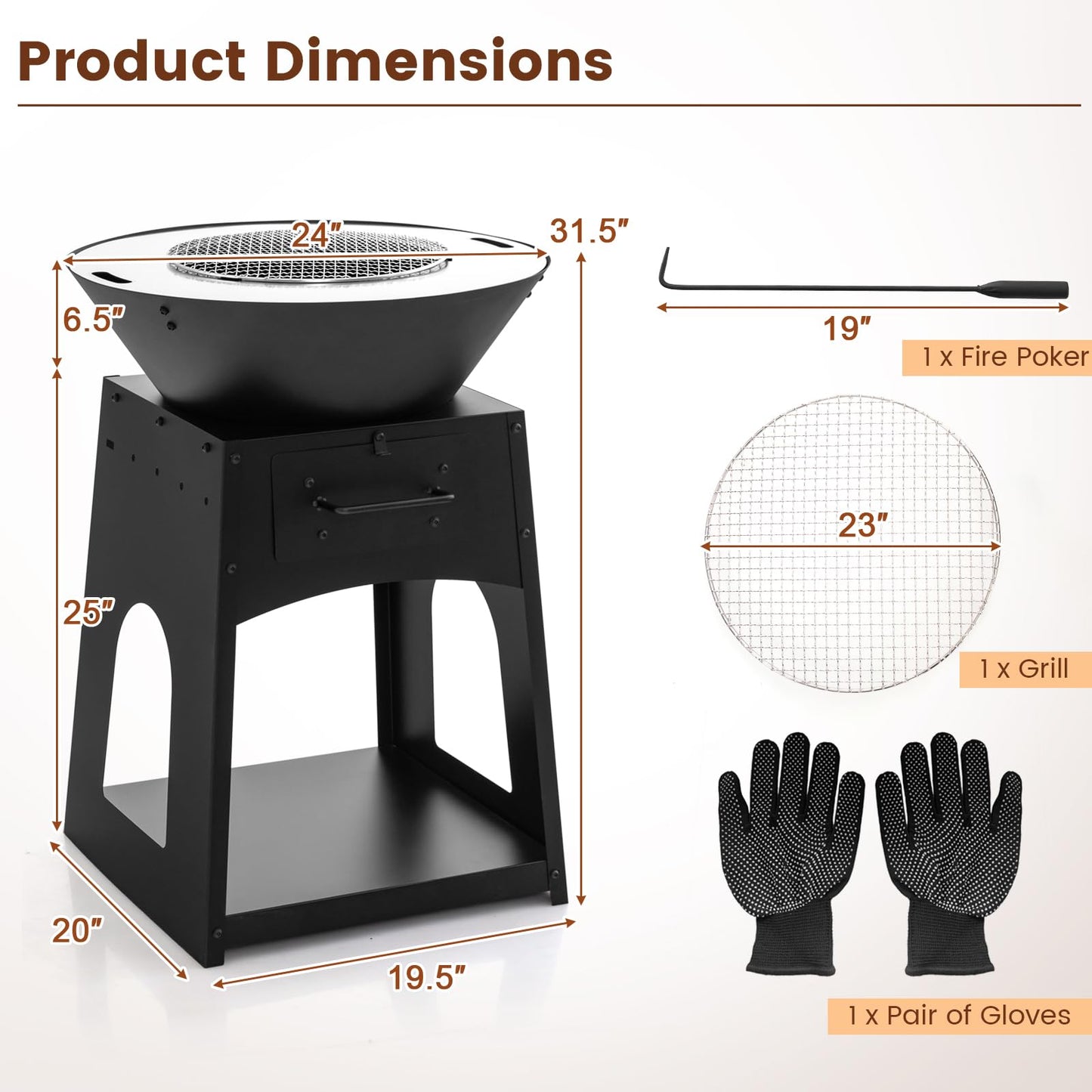 Tangkula Outdoor Fire Pit with Storage, Patio Wood Burning Fireplace with Grill & Ash Box, Spacious Bottom Storage Compartment