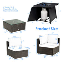 Tangkula 6-Piece Outdoor PE Wicker Conversation Set Cushions and Tempered Glass Coffee TableGas Fire Pit Table with 50,000 BTU