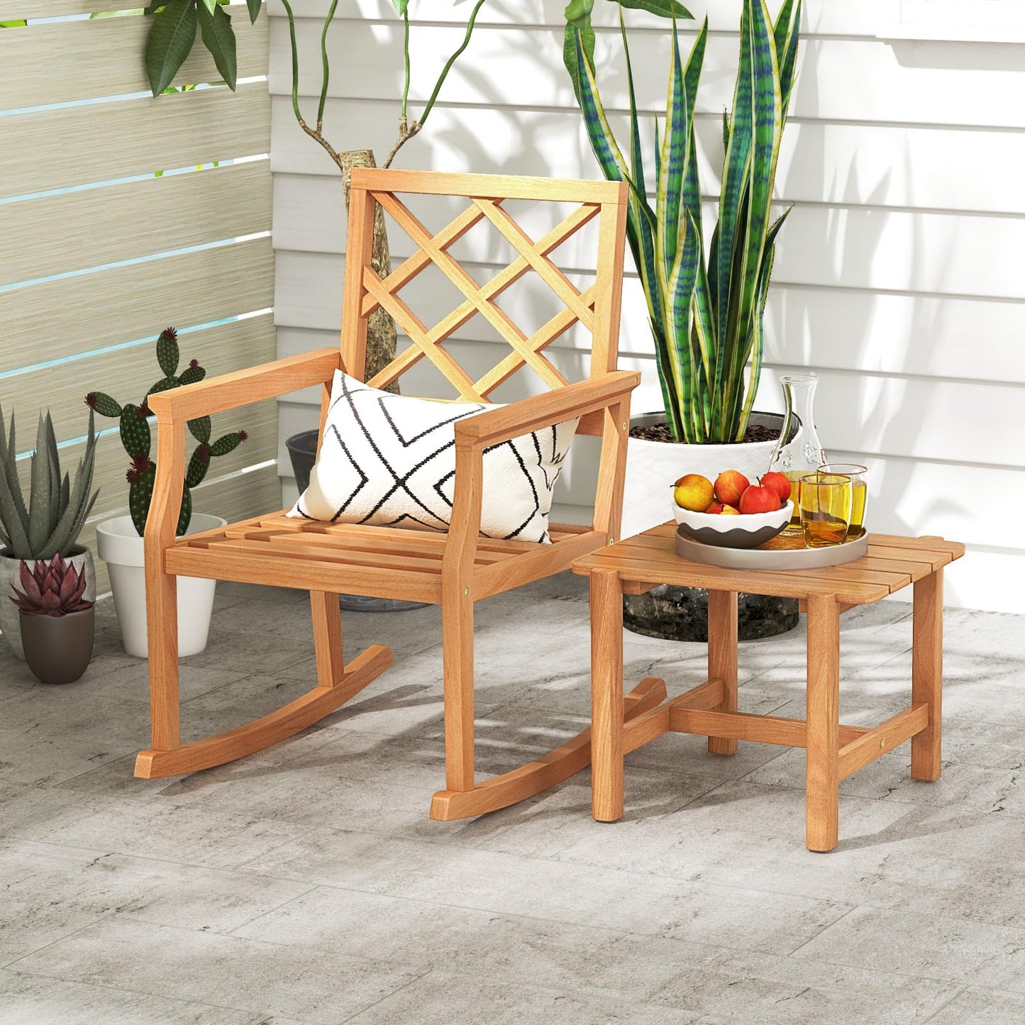 Tangkula Patio Teak Wood Side Table, Outdoor End Table with Slatted Tabletop