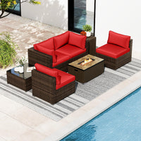 Tangkula 7 Pieces Outdoor Sectional Sofa Set Set with 32” Fire Pit Table and Propane Tank Cover
