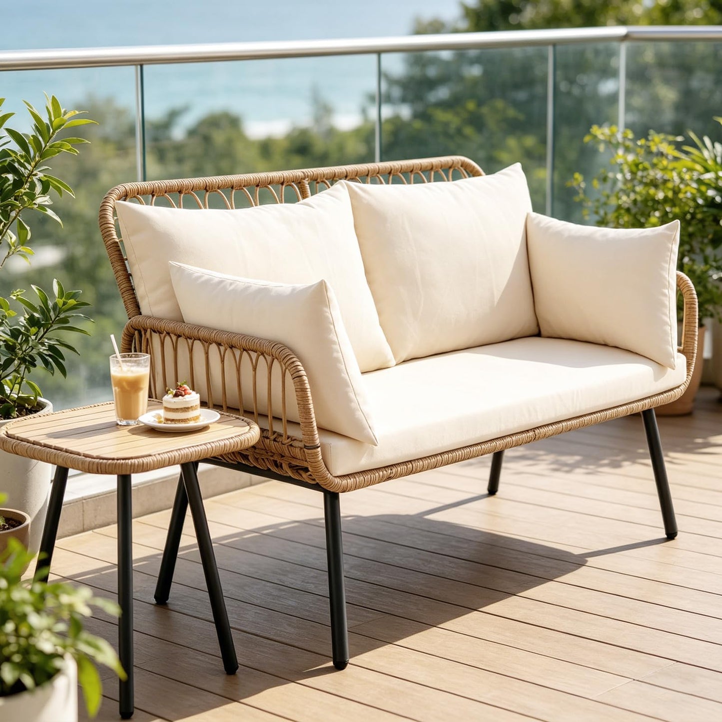 Tangkula Patio Wicker Loveseat Outdoor 2-Seater PE Rattan Sofa