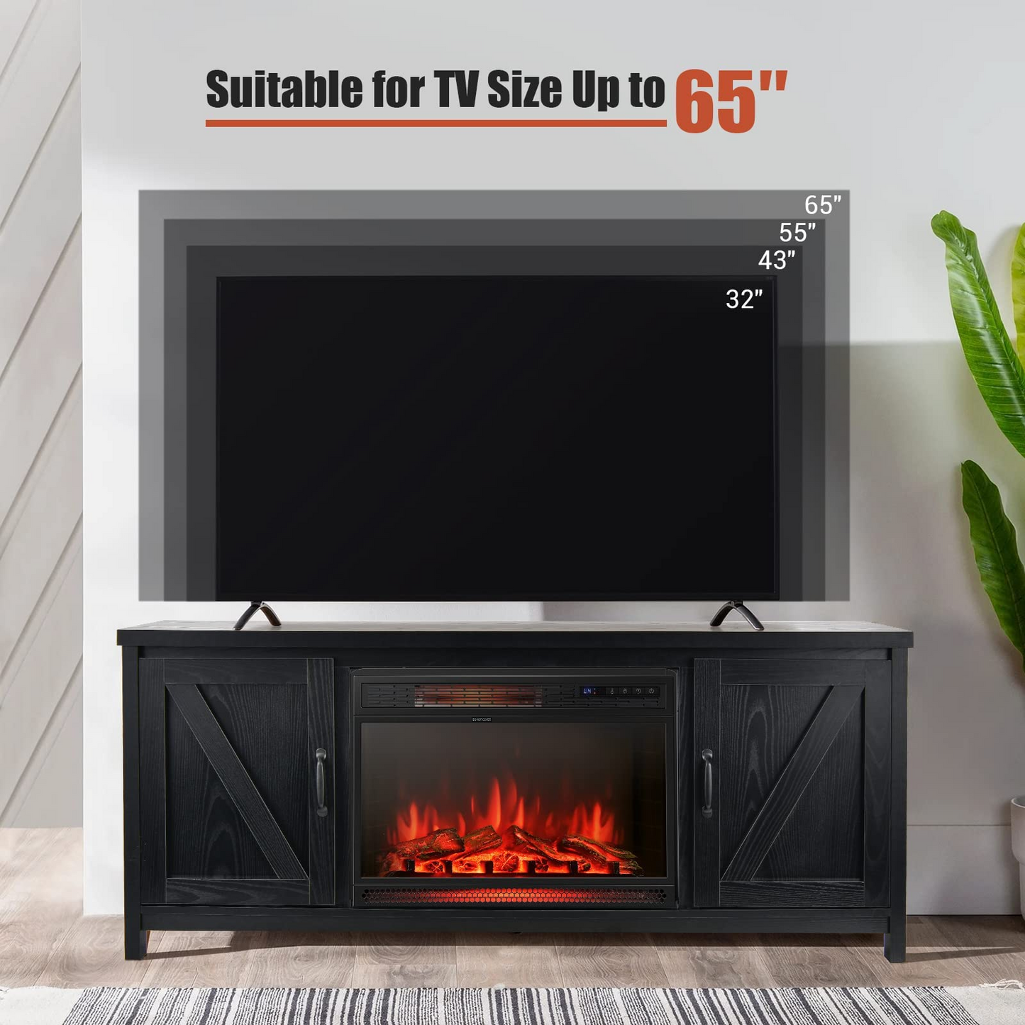 Fireplace TV Stand for TVs Up to 65 Inch, Fireplace Media Console Table with Barn Doors, Electric Heater with Adjustable Brightness & Remote