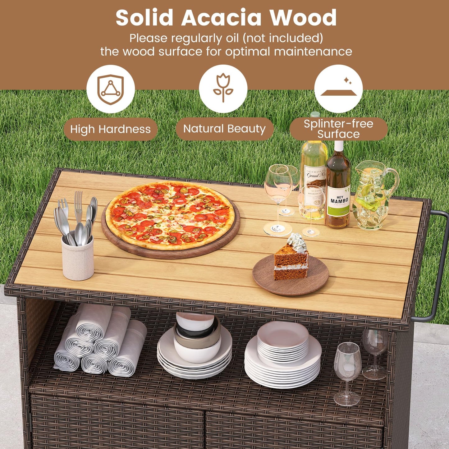 Meuble de rangement d'extérieur Tangkula en rotin avec comptoir en bois d'acacia
