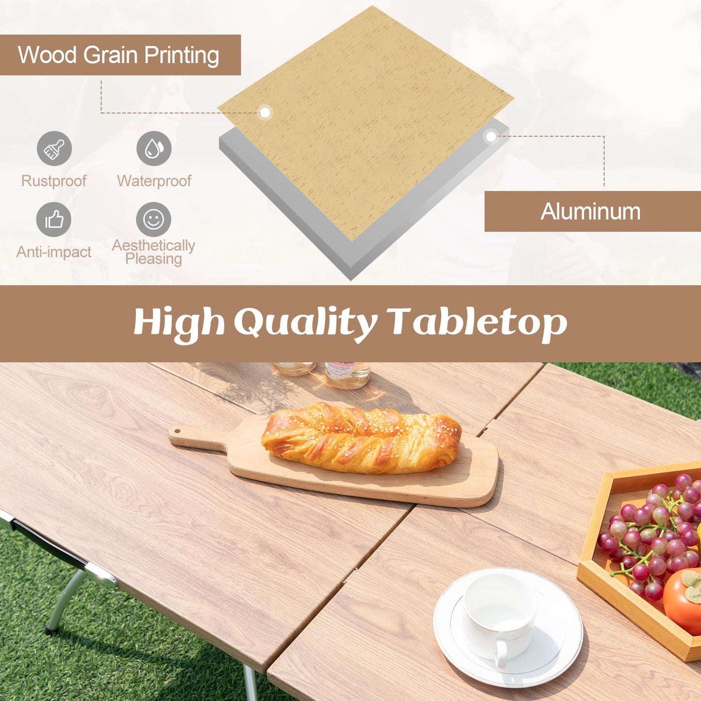 Tangkula 24"x24" Folding Camping Table Set of 2, Extendable Lightweight Camp Table with Wood-Grain Tabletop