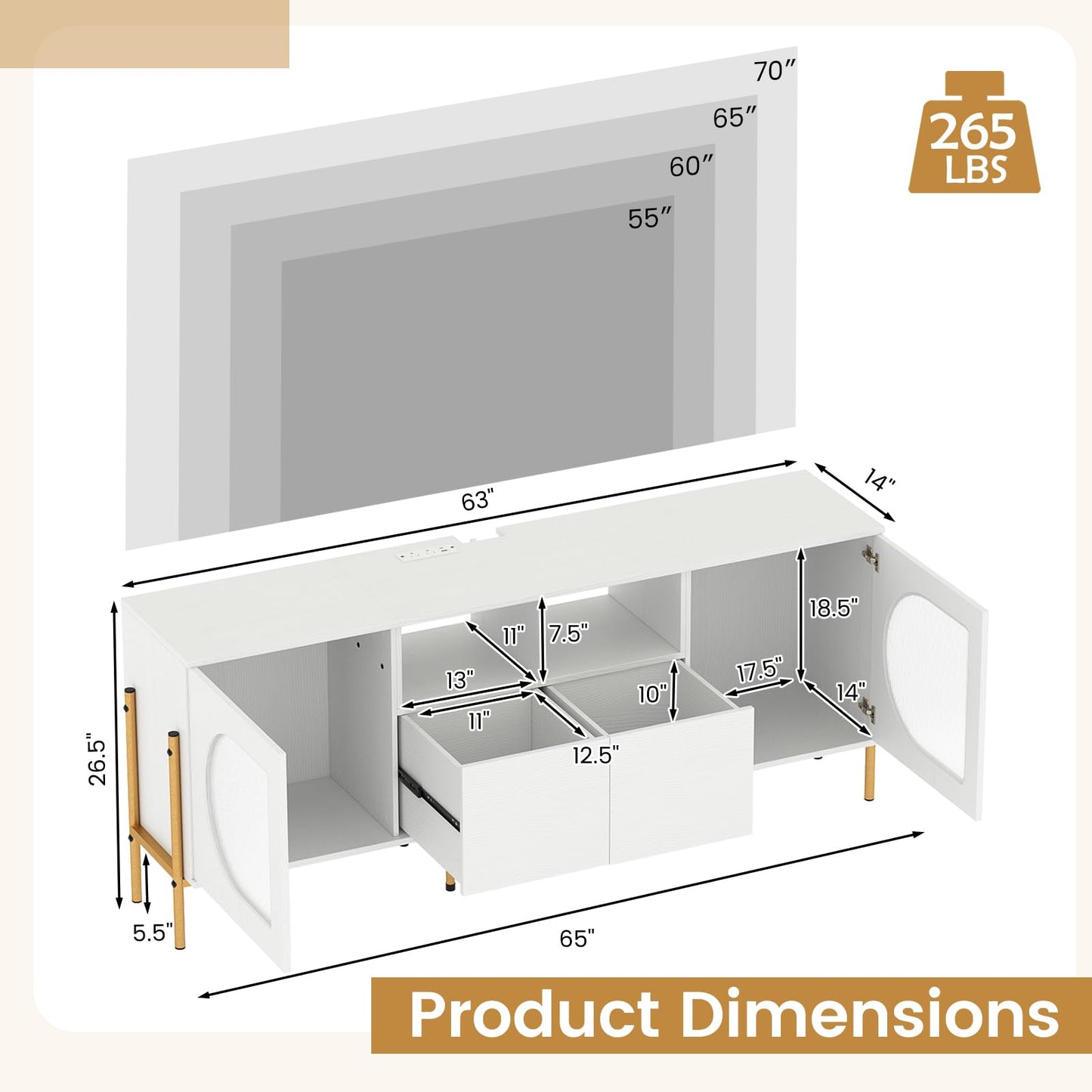 Tangkula 65”L White TV Stand for 55”-70” Televisions