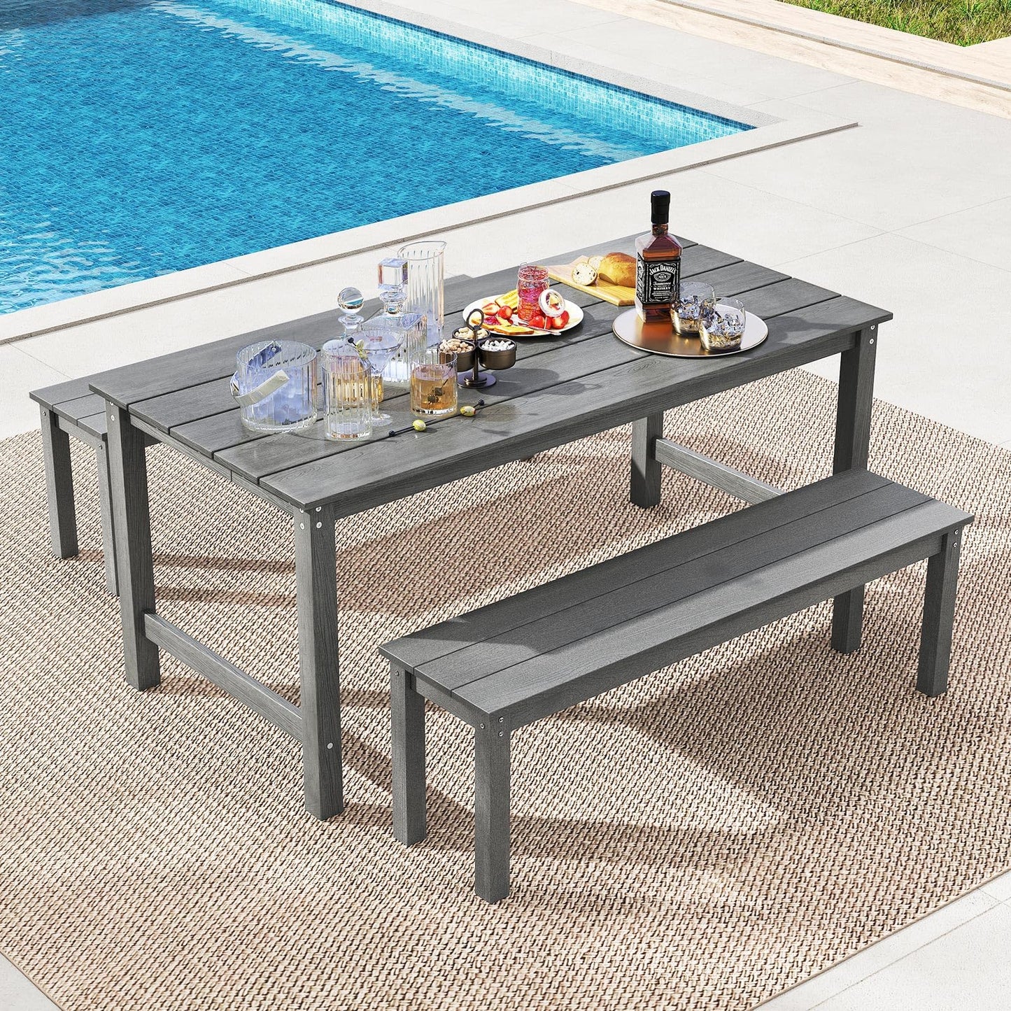 Tangkula 67" HDPE Outdoor Dining Table with Wood-Like Tabletop and Umbrella Hole
