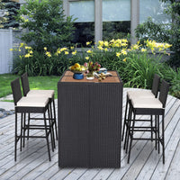 Ensemble de bar 5 pièces Tangkula en rotin synthétique pour terrasse, table de bar en bois d'acacia et 4 tabourets de bar en rotin (blanc cassé)