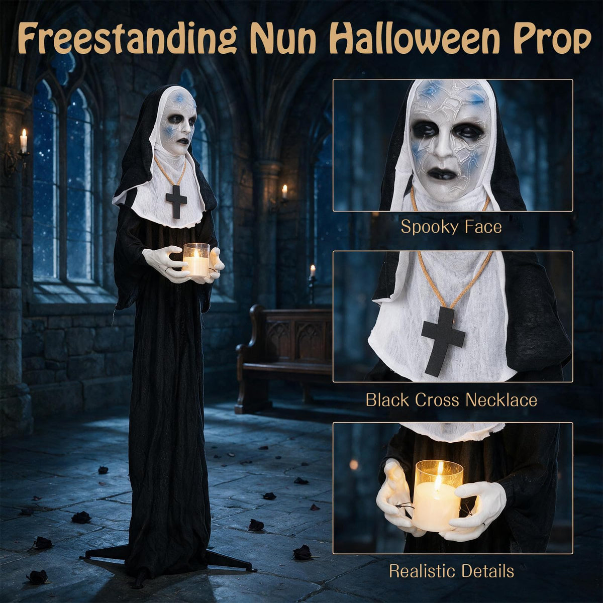 Tangkula 5.3 FT Animated Halloween Standing Nun Holding Candle Decoration
