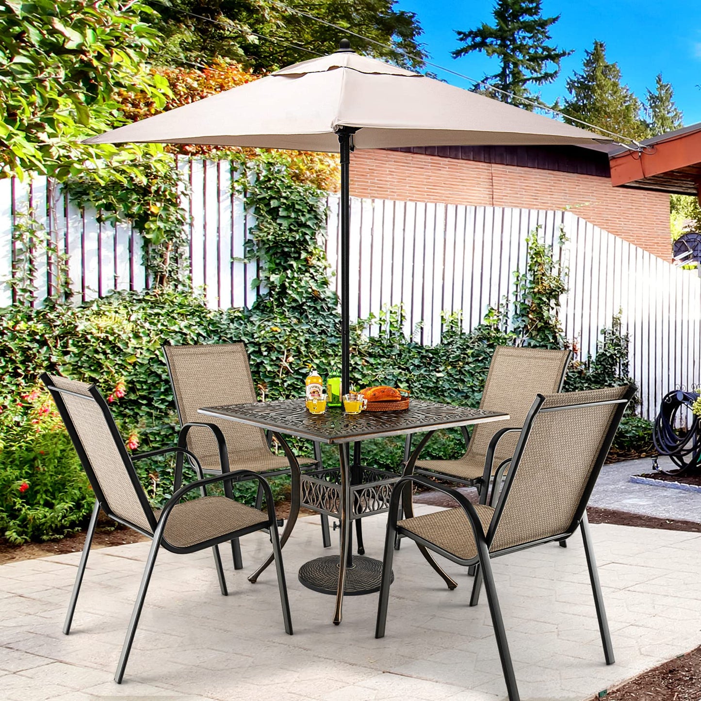 Tangkula 35.4 Inches Outdoor Dining Table, All-Weather Cast Aluminum Table with 2.2" Umbrella Hole