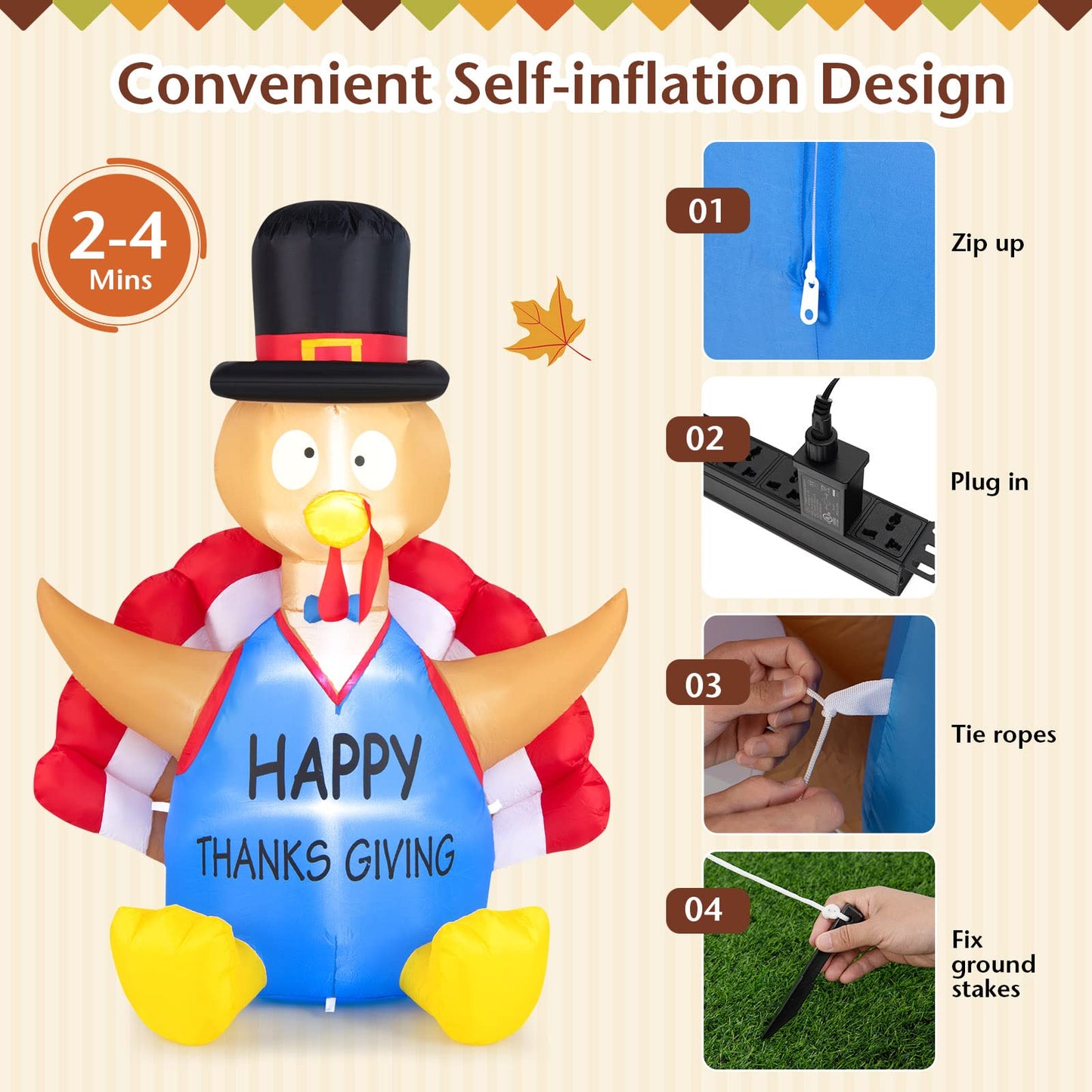 Tangkula 6 FT Thanksgiving Inflatable Turkey, Lighted Thanksgiving Decorations for Lawn, Garden, Party