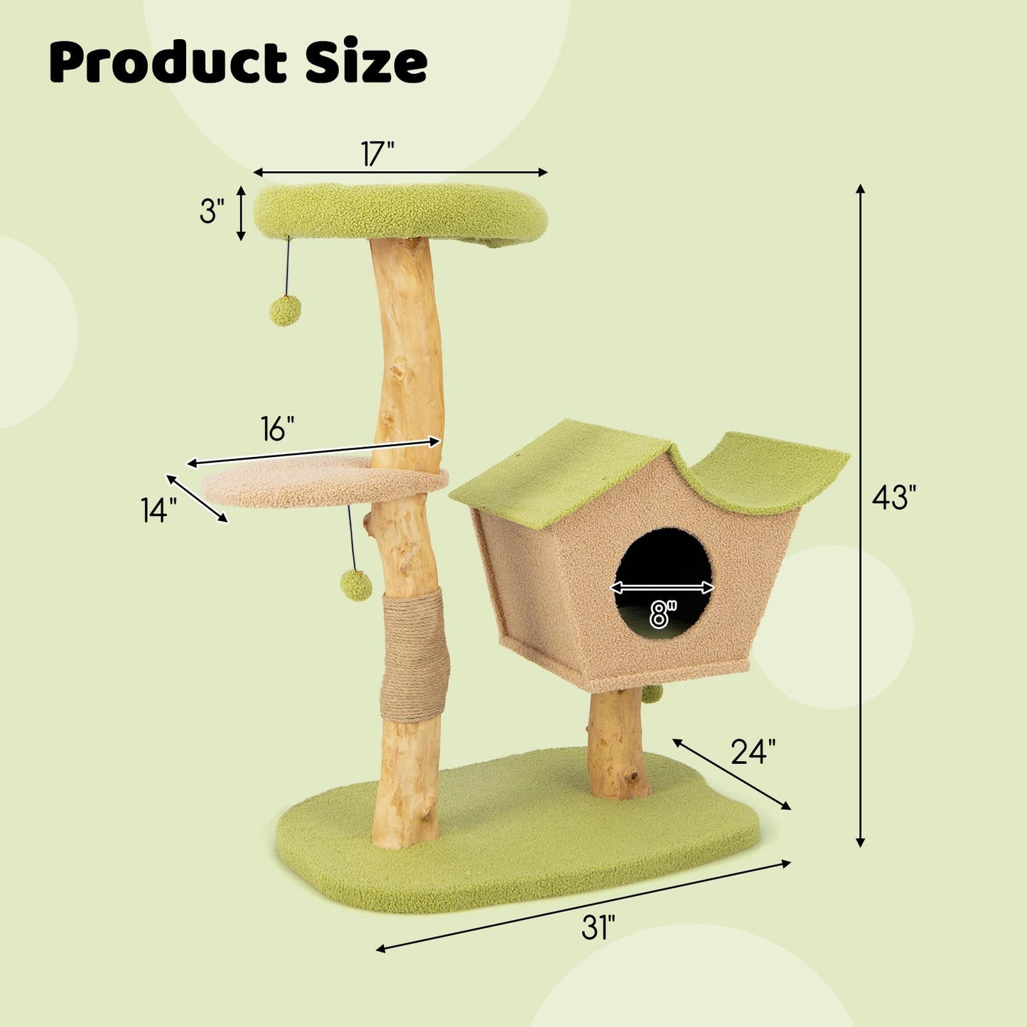 Tangkula Cat Tree, Solid Wood Cat Tower with Jute Scratching Post, Cat Condo, Perch, Jingling Ball