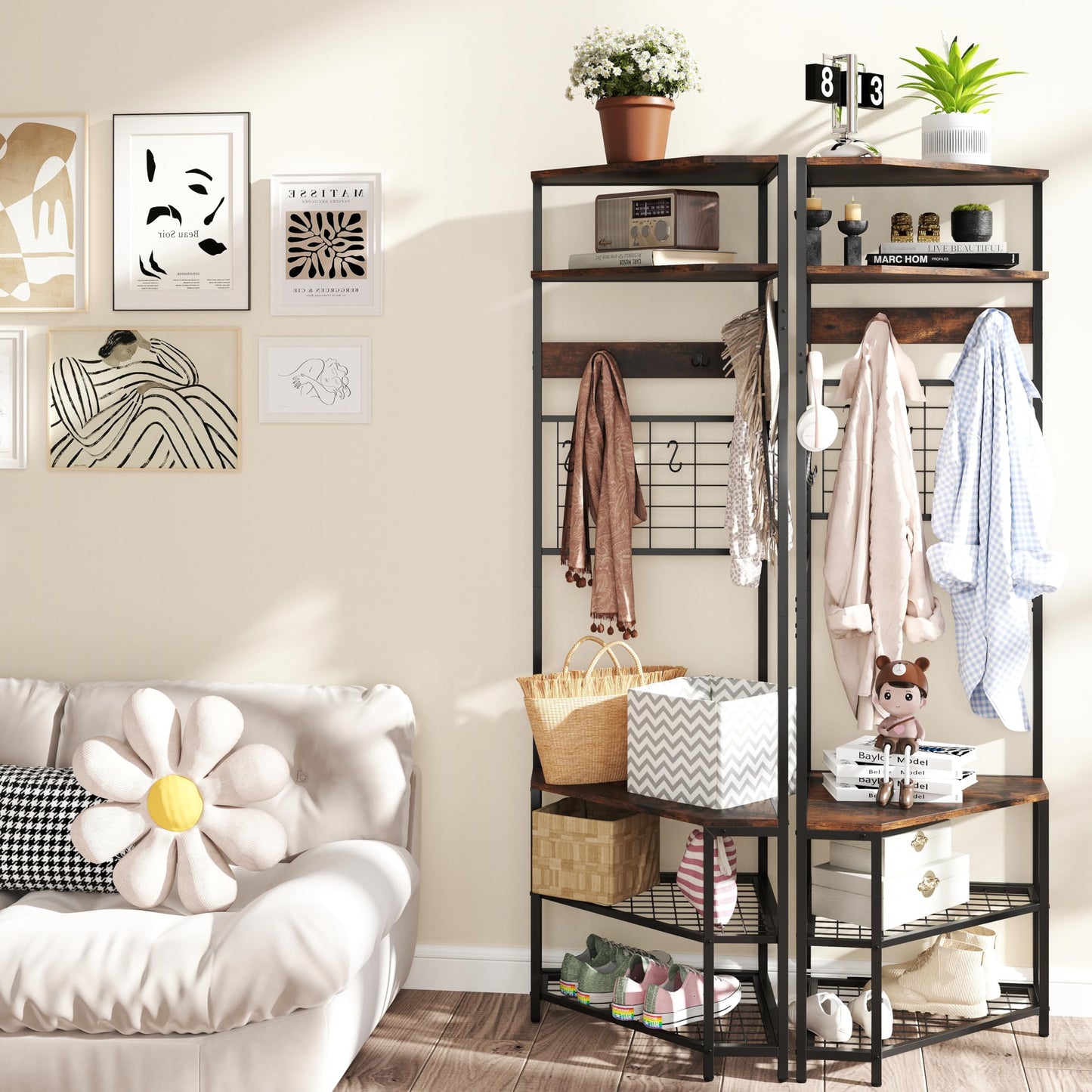 Tangkula 5-Tier Corner Hall Tree with Shoe Storage Bench