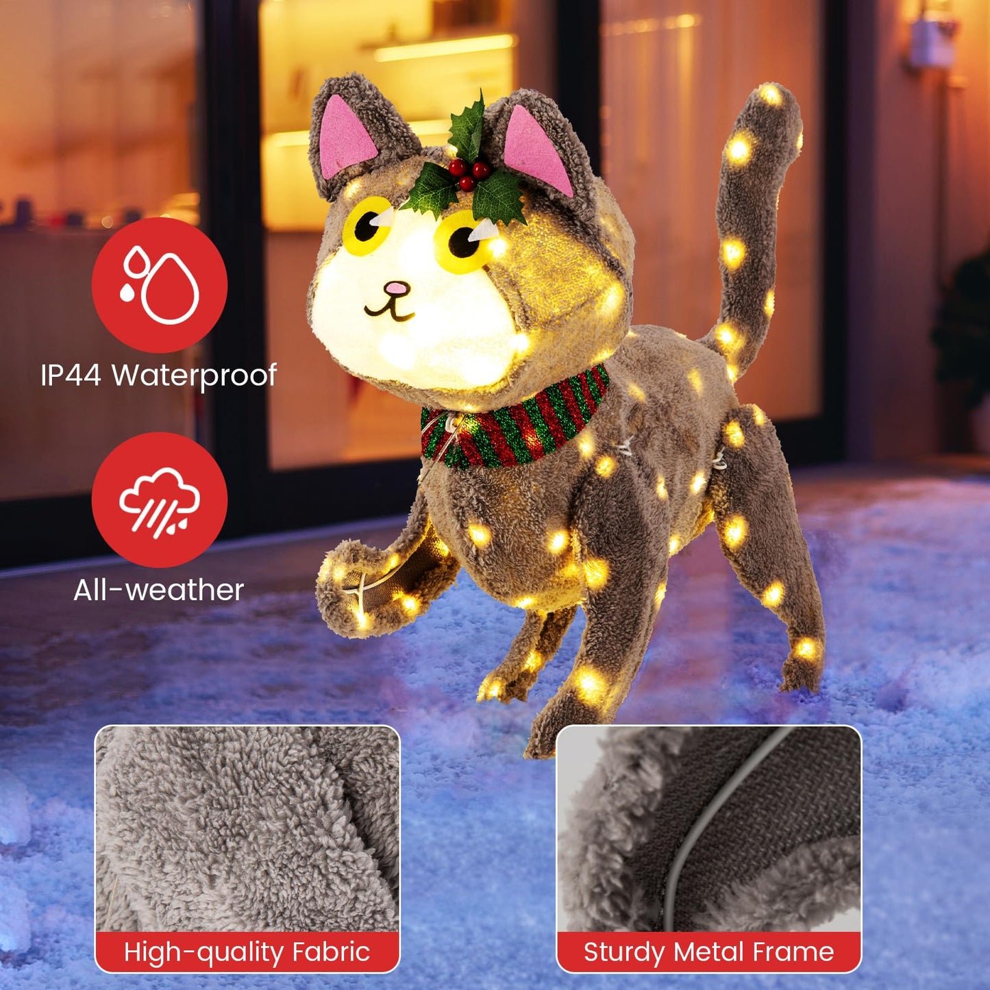 Tangkula 23 Inches Christmas Decoration Pre-lit 88 LED Light Up 3D Cute Cat with Warm White Light and Plug