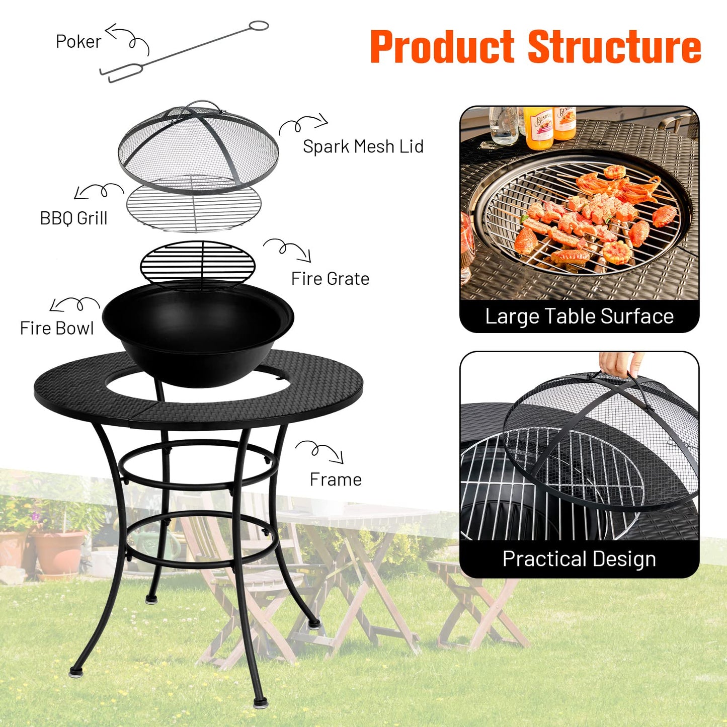 Tangkula 32 Inch Outdoor Fire Pit Dining Table, 4-in-1 Round Wood Burning Fire Pit Bowl