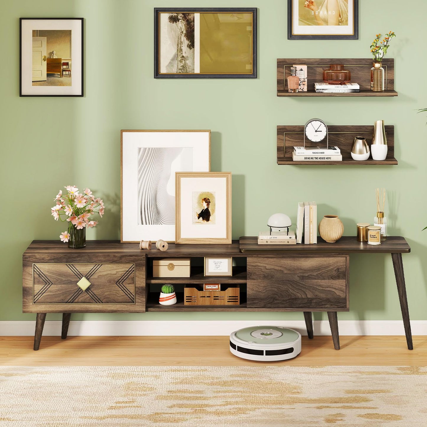 Tangkula Farmhouse TV Stand with 2 Wall Shelves for Living Room