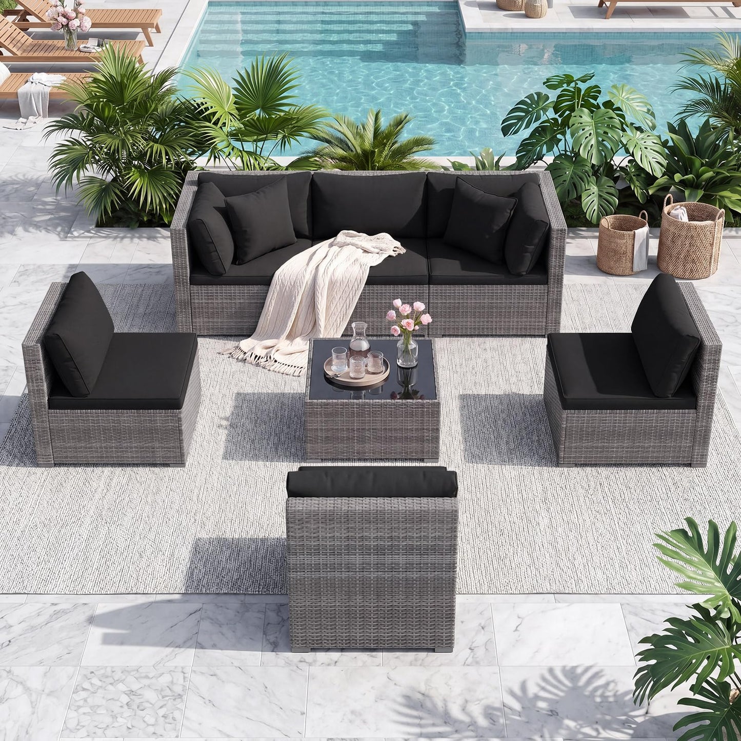 Tangkula 7 Pieces Wicker Sectional Patio Furniture Set | PE Rattan Sofas with Tempered Glass Coffee Table