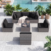 Tangkula 7 Pieces Wicker Sectional Patio Furniture Set | PE Rattan Sofas with Tempered Glass Coffee Table