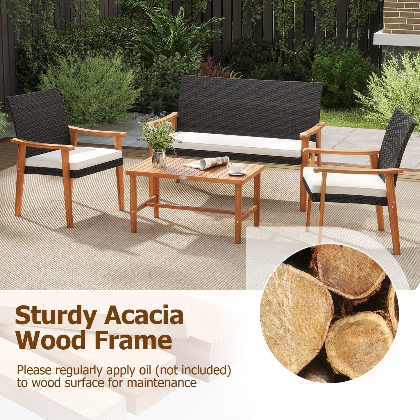 Chaises de conversation extérieures rembourrées en rotin PE Tangkula avec table basse en bois d'acacia