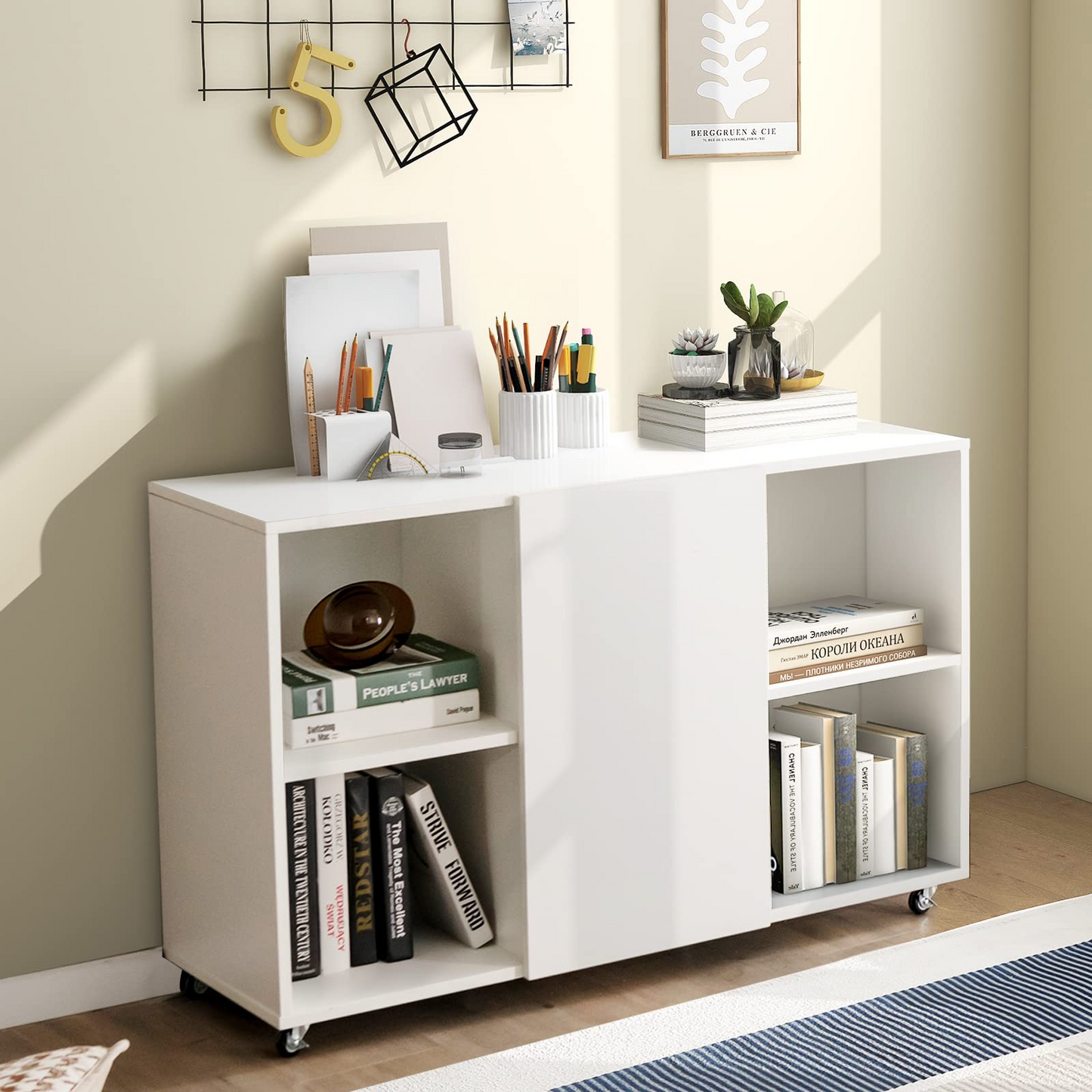 Tangkula Wood File Cabinet with Wheels, Mobile Storage Cabinet with 6 Compartments