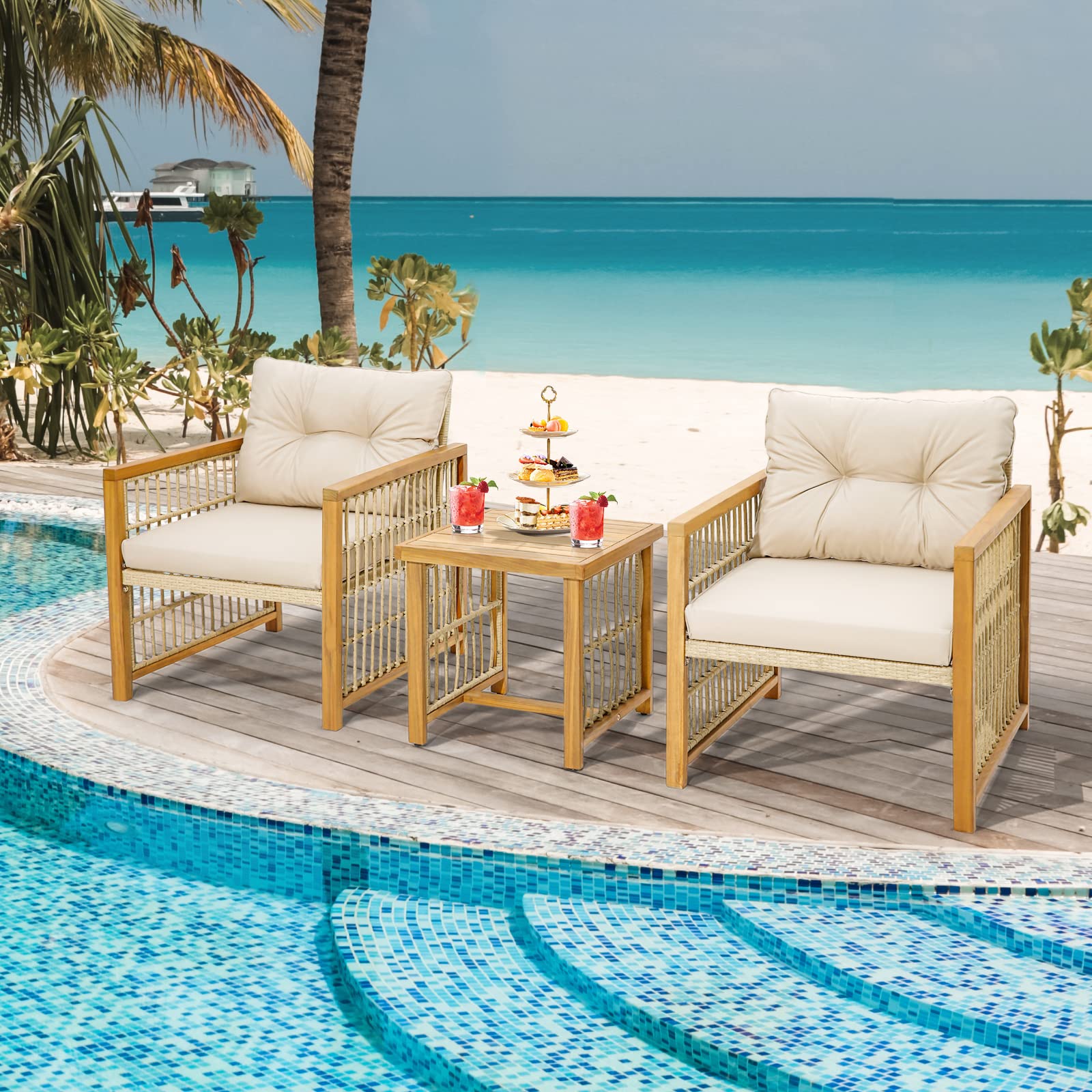 3 Pieces Acacia Wood Patio Furniture Set - Tangkula